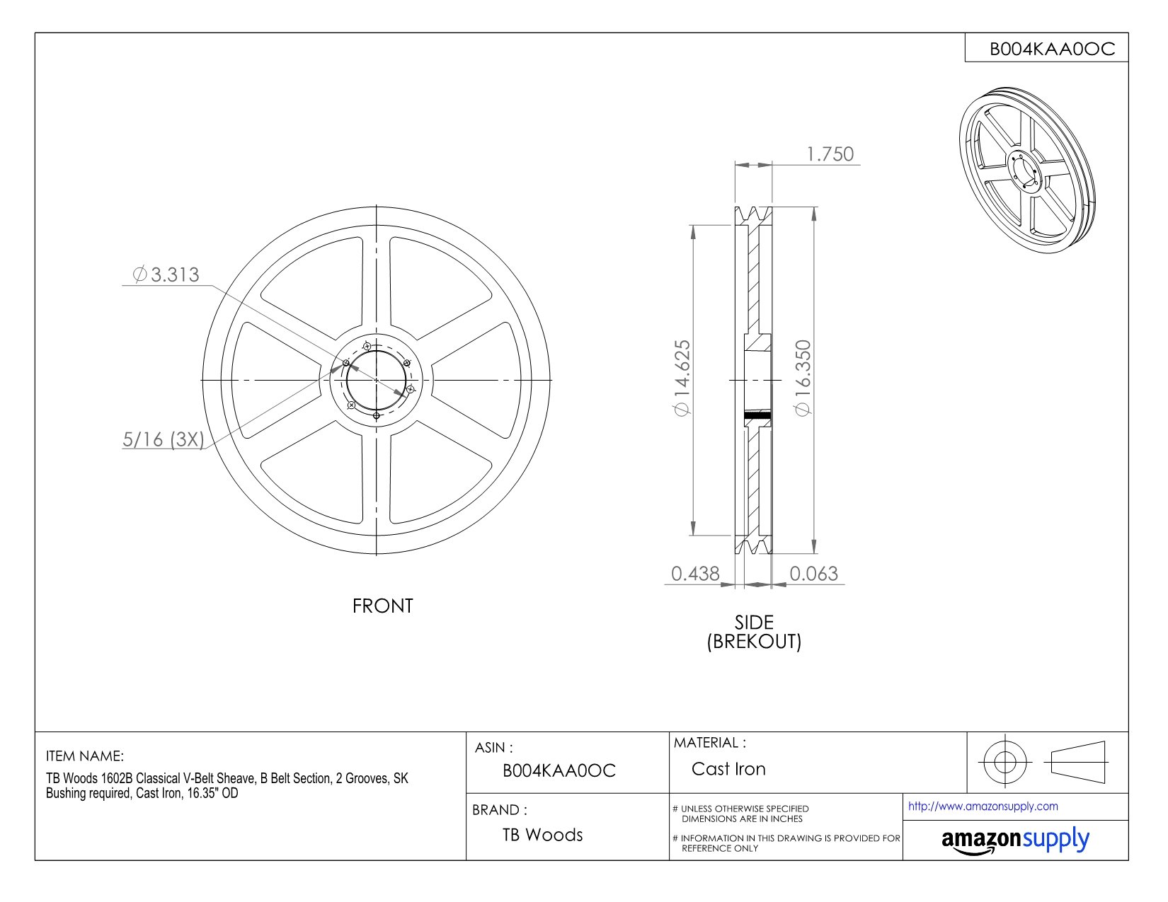 1602B Classical V-Belt Sheave - B Section Belt, 2 Grooves, Cast Iron Pulley (16.35