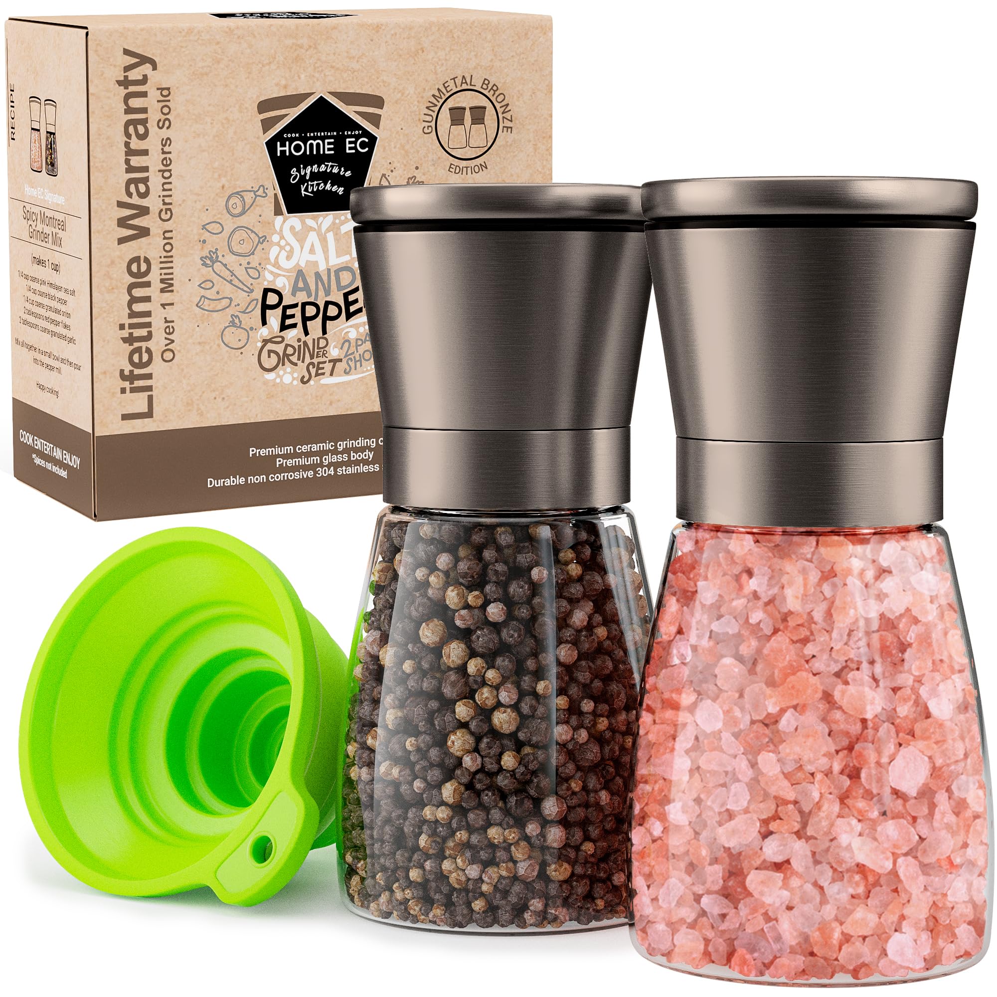 Premium Gun Metal Bronze Salt and Pepper Grinder Set of 2 - Adjustable Ceramic Core Mill - Glass Spice Shakers with Funnel & Free Ebook - Elegant Kitchen Accessories for Cooking, Dining & Gifting