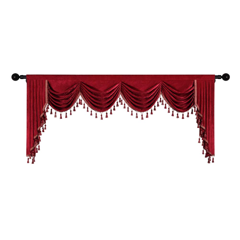 ELKCA Thick Chenille Window Curtain Valance with Tassels - Burgundy Red Waterfall Valance for Living Room, Festival & Holiday Decor (110 Inches Wide) - Perfect for Christmas, Thanksgiving & Home Decoration