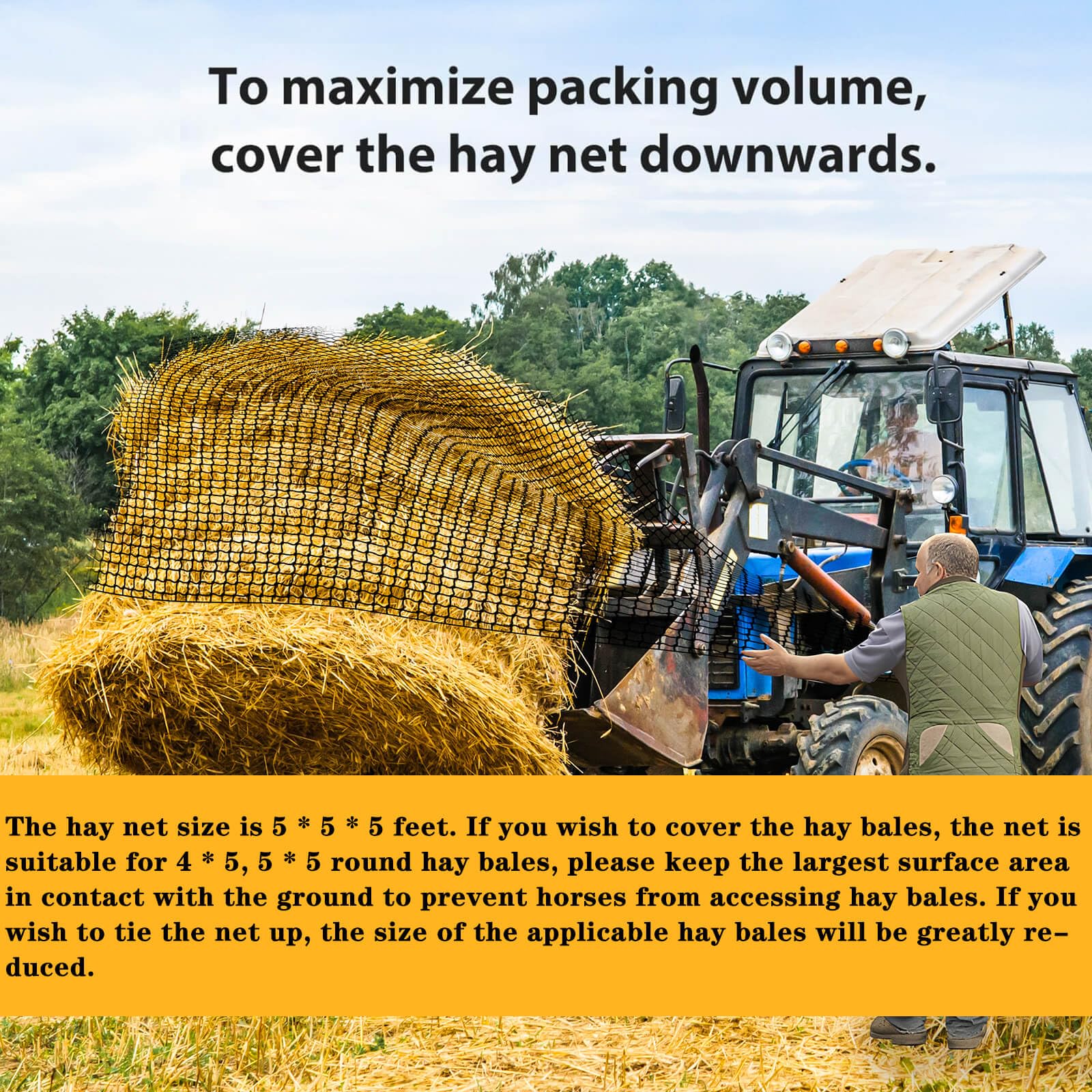 **Thick & Durable 5x5ft Round Bale Hay Net for Horses & Goats - 1.75 Inch Hole Black Nylon Slow Feed Net - Healthy Grazing Solution for Pasture, Stable & Travel Use**