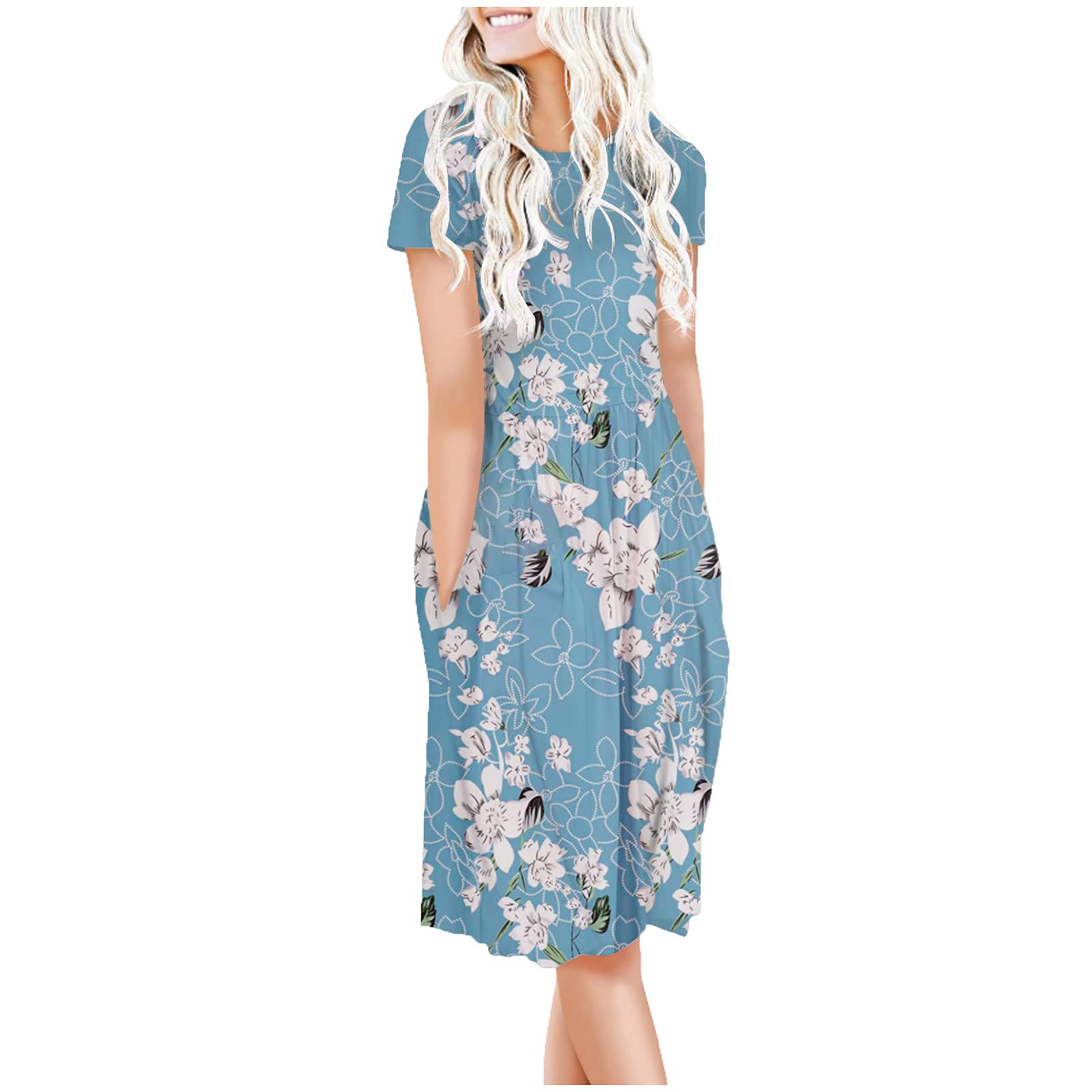 Lucktop Women's Summer Casual Short Sleeve Dress - Floral Printed Empire Waist Swing Midi Dress for Beach, Vacation & Everyday Wear