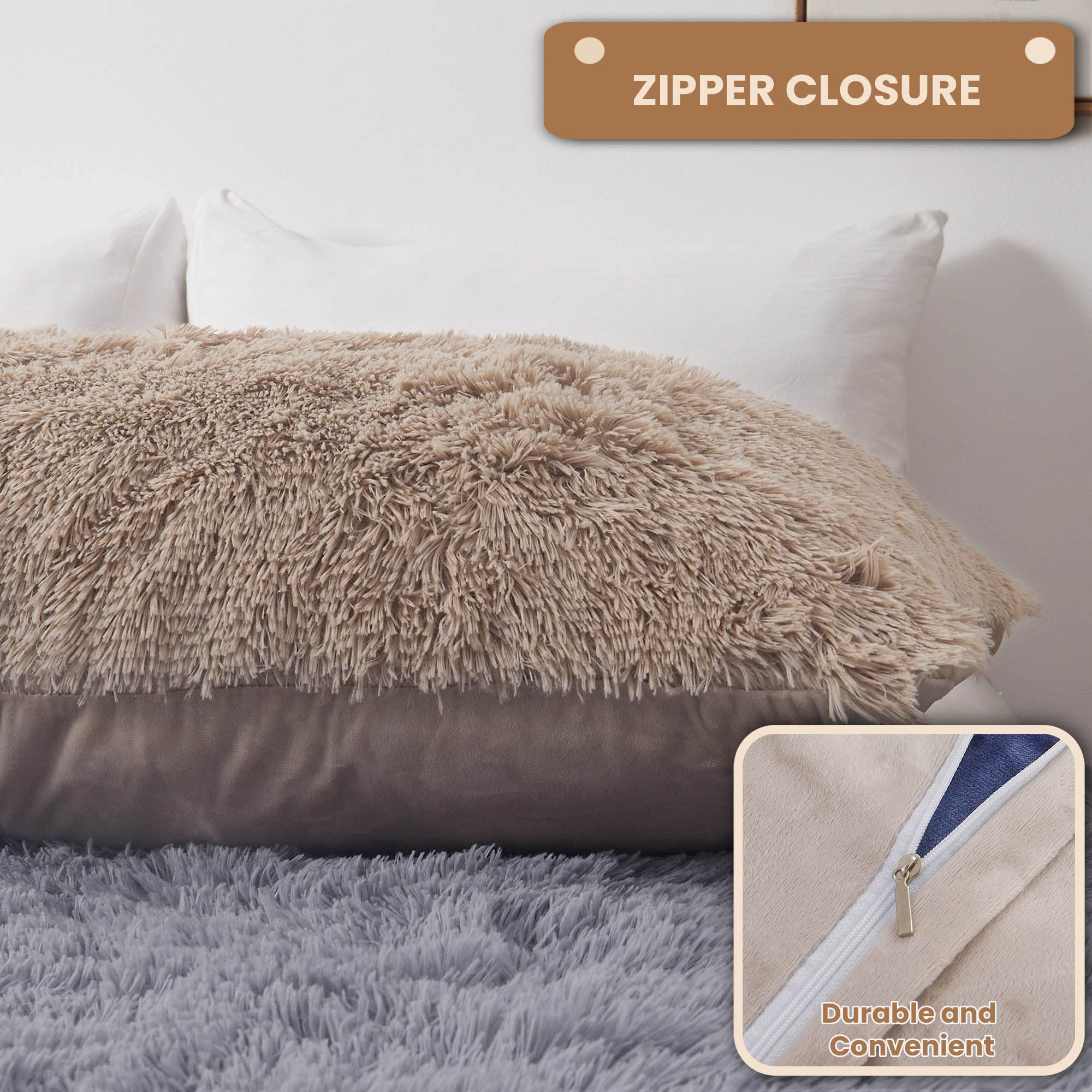 Fluffy Body Pillow Cover 20x54 Inches - Soft Shaggy Faux Fur Pillow Case with Zipper - Cozy Plush Bed Pillow Cover for Adults, Pregnant Women & Side Sleepers - Perfect for Home Decor, Nursery, Bedroom & Relaxation (Khaki)