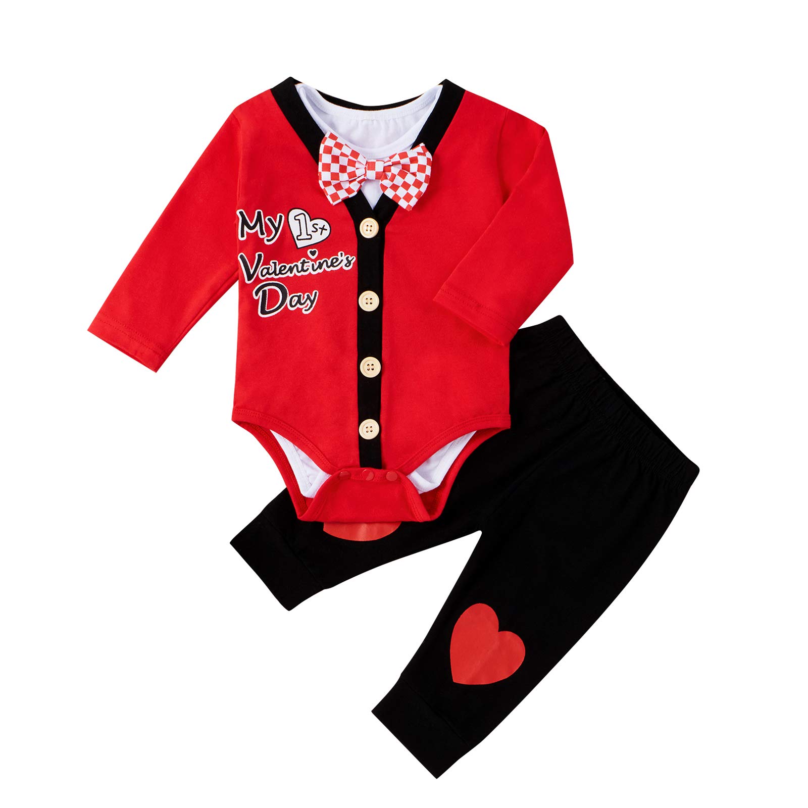 3Pcs/Set Newborn Baby Boy Valentine's Day Outfit - Bowtie Bodysuit, Button Down Romper & Heart Pants | First Valentine's Gentleman Clothes for Photo Shoots, Parties & Special Occasions