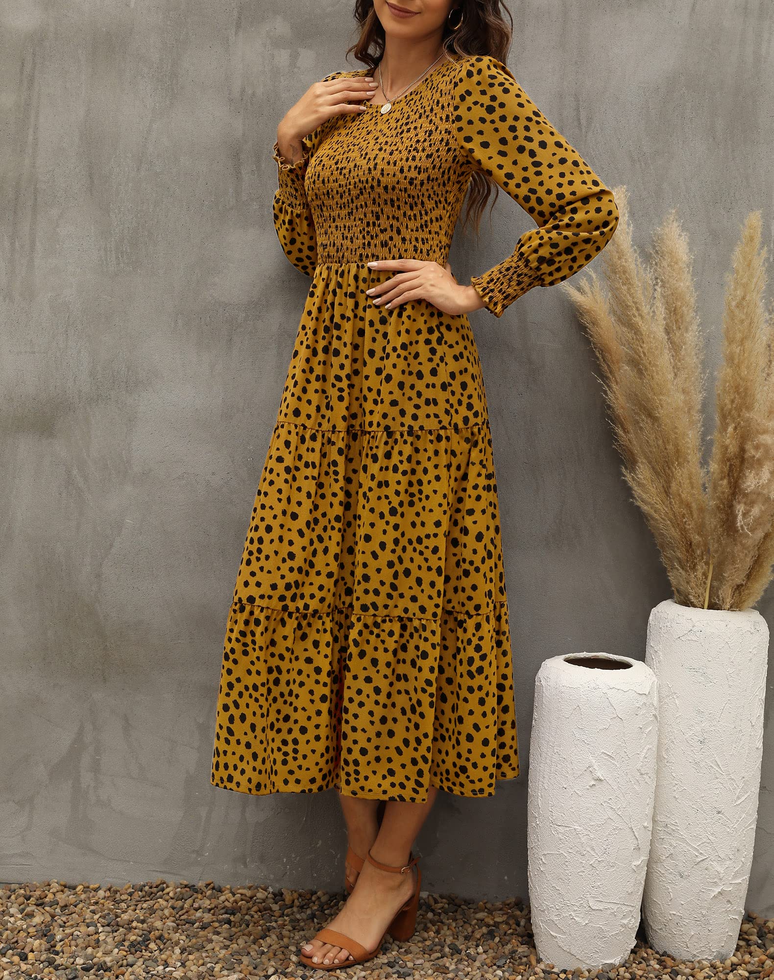 Zattcas Women's Fall Dresses 2025 - Casual Long Sleeve Smocked Boho Floral Tiered Midi Dress with Pockets for Wedding Guest, Party, Date Night & Autumn Outfits