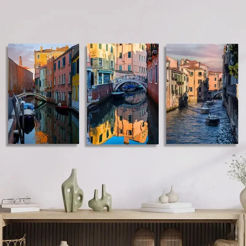 3-Piece Vibrant Italian Cityscape Metal Wall Art - Ready to Hang Canvas Prints with Boats & Buildings - Perfect for Living Room, Bedroom & Office Decor