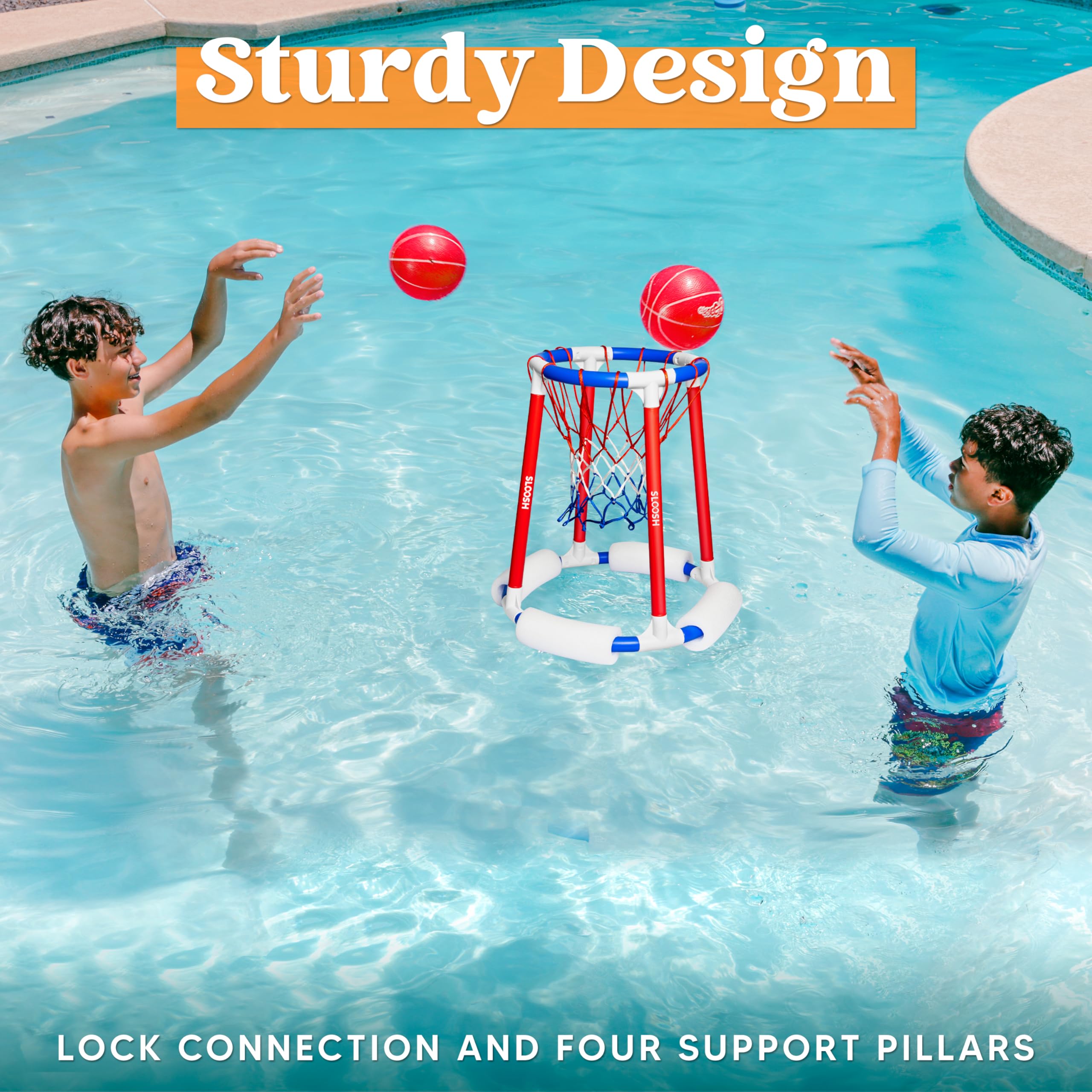 **Sloosh Pool Basketball Hoop - Floating Water Basketball Game with Balls & Pump - Fun Outdoor Swimming Pool Toy for Kids & Adults (Red & Blue) - Perfect for Summer Parties, Beach Trips & Backyard Fun**