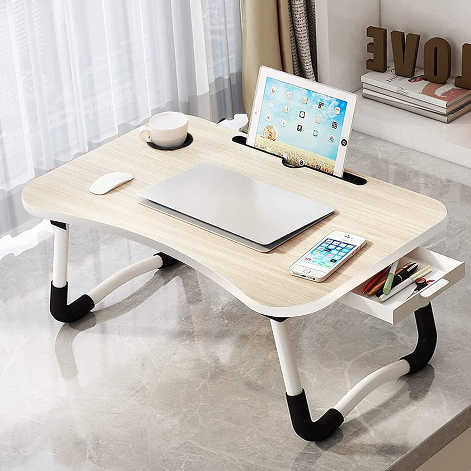 EAQ Foldable Laptop Bed Tray Table with Cup Holder & Storage Drawer - Portable Adjustable Laptop Stand for Working, Reading in Bed, Couch or Sofa - Beige Home Office & Study Essential