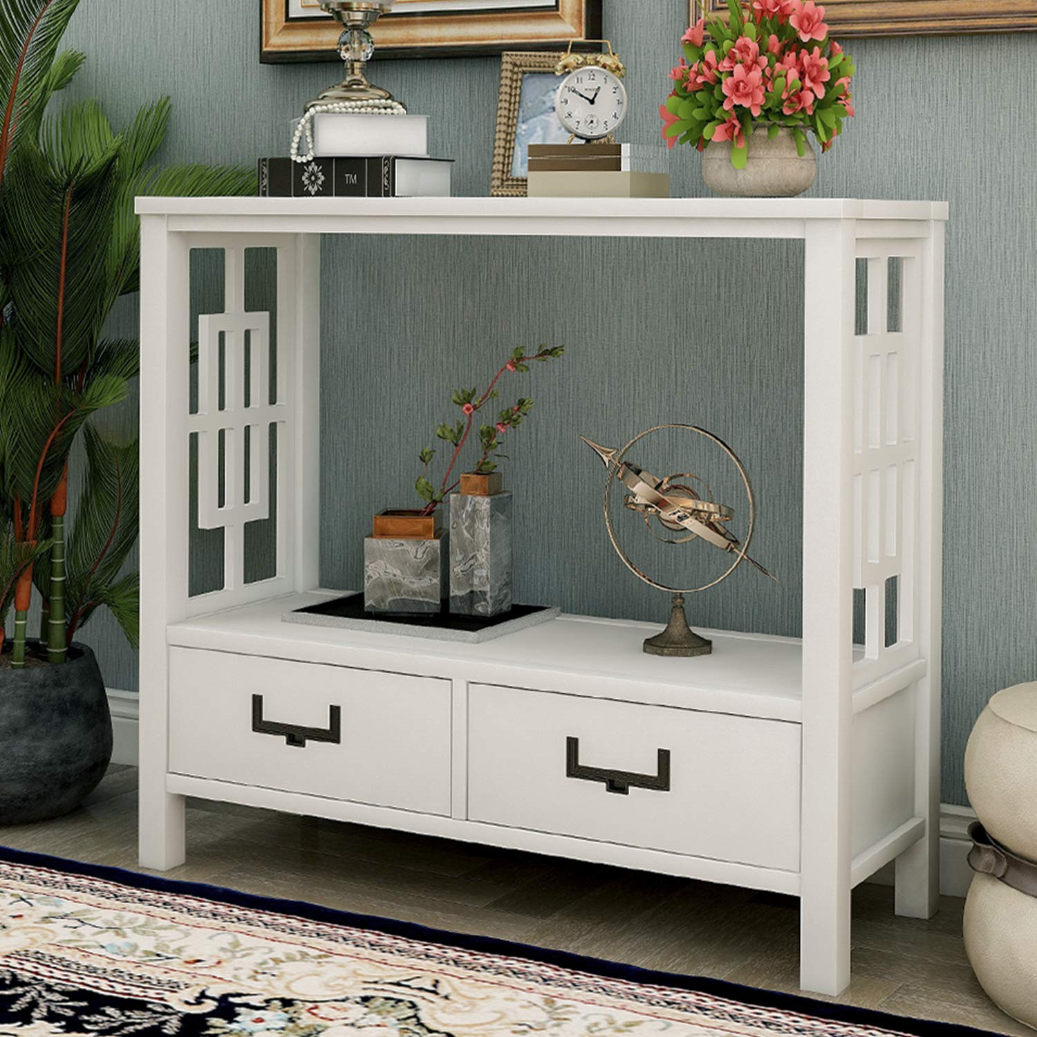 Rustic Pine Wooden Console Table with 2 Drawers & Storage Shelf - Farmhouse Narrow Sofa Table for Entryway, Living Room, Bedroom or Hallway - Perfect for Home Decor, Storage & Display (White, Pine Wood)
