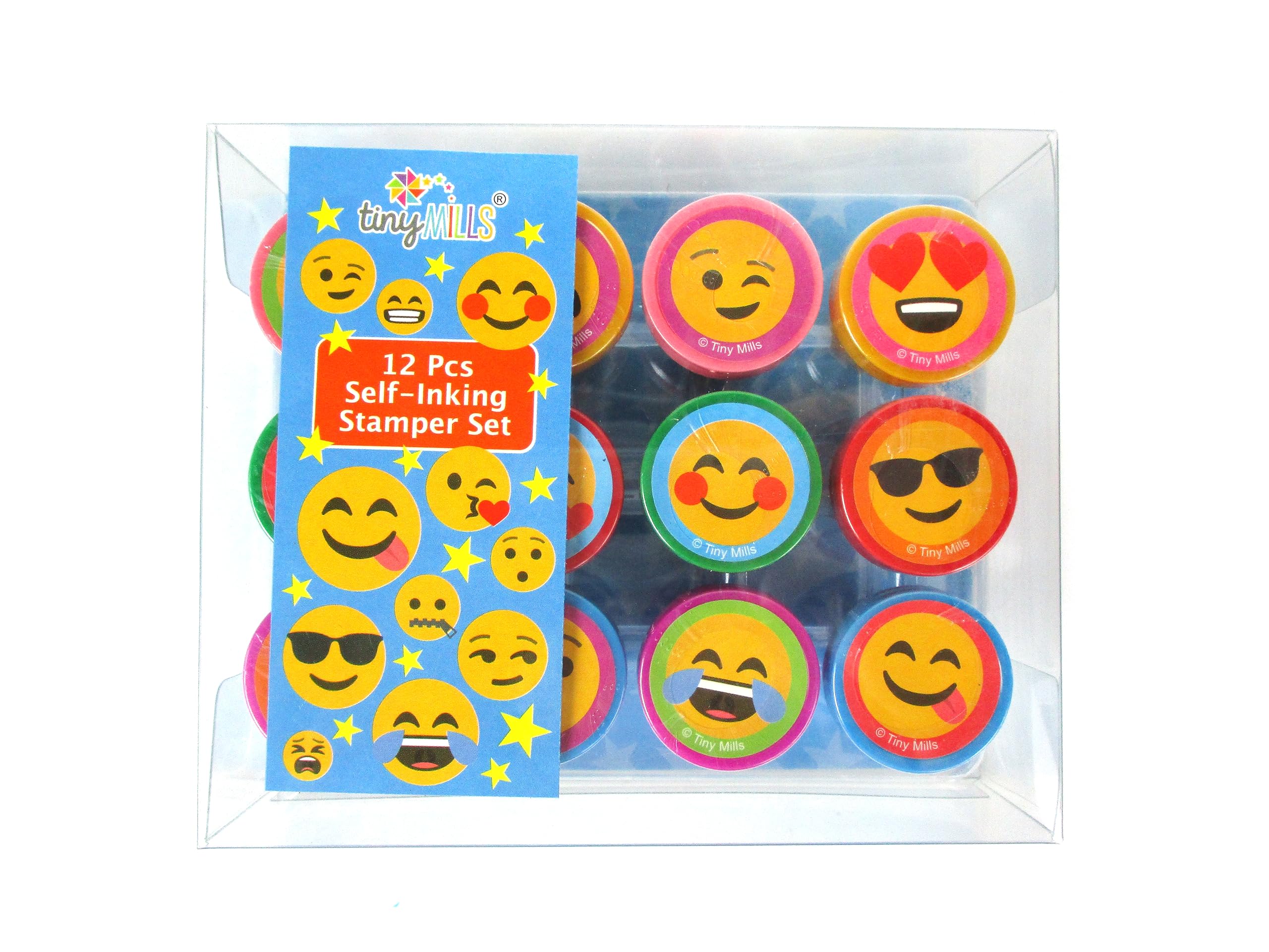 TINYMILLS 12-Piece Emoji Stamp Set for Kids - Self-Inking Stamps with 12 Fun Emoji Designs - Perfect for Birthday Party Favors, Classroom Rewards & DIY Craft Projects