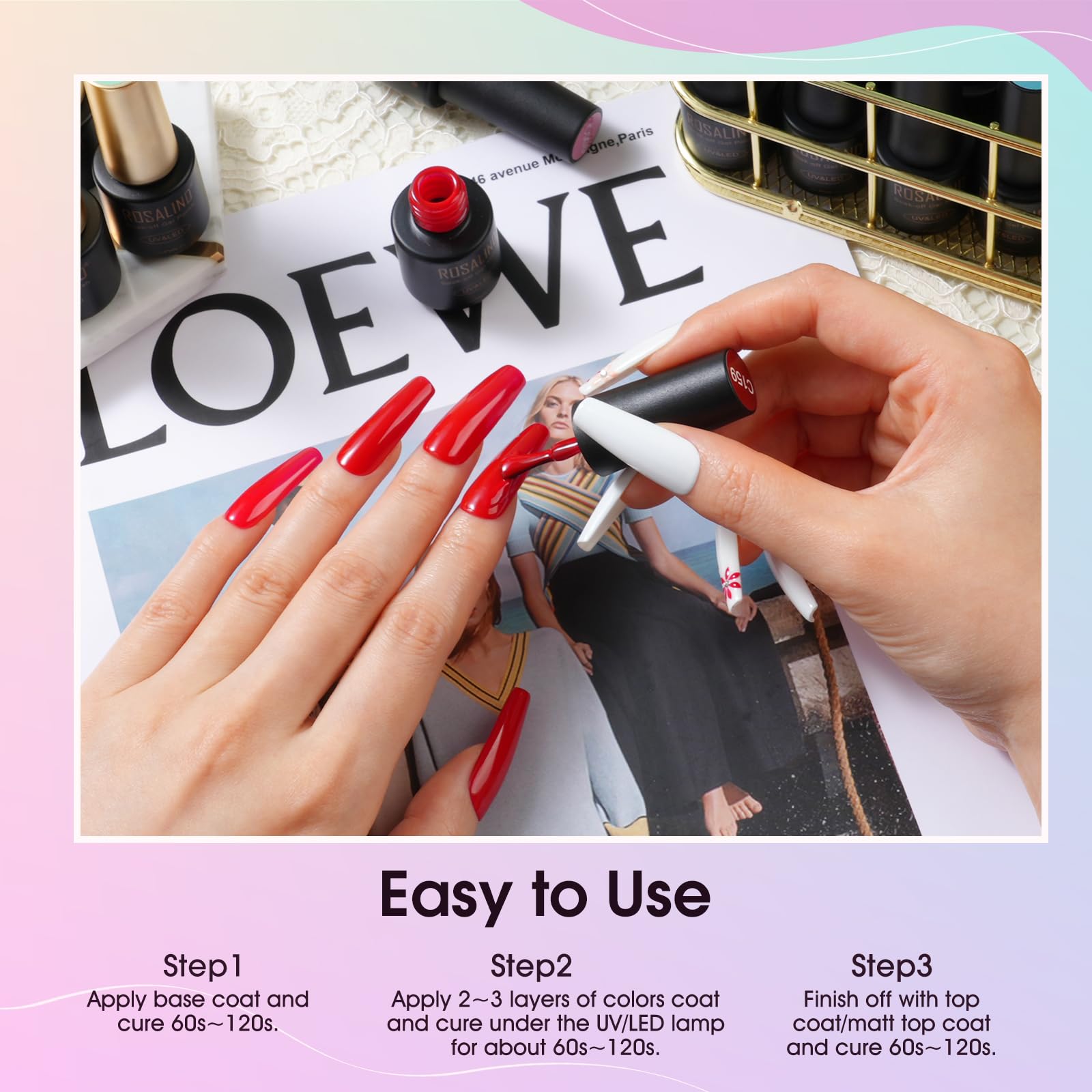 ROSALIND 65-Piece Semi-Permanent Nail Polish Kit - 60 Vibrant Colors (Red, Pink, Purple, Blue, Green & Glitter) | UV/LED Gel Soak Off Manicure Set for Salon & DIY Home Use | Perfect for Parties, Weddings & Everyday Nail Art