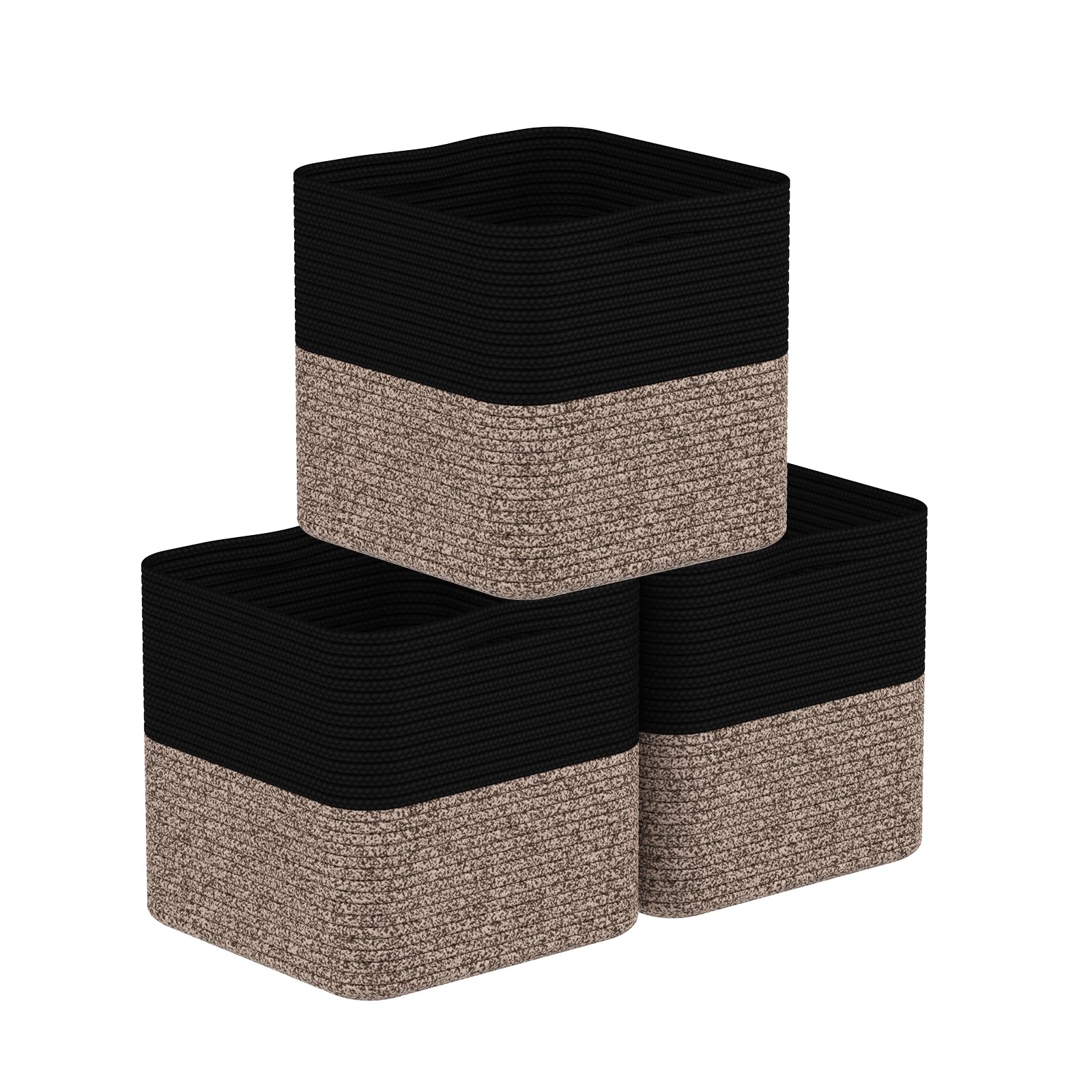 11 Inch Woven Cotton Rope Storage Baskets - 3 Pack Organizer Bins with Handles for Toys, Blankets, Laundry | Decorative Home Storage for Living Room, Bedroom & Closet (Black & Brown) | Perfect for Nursery, Playroom & Bathroom Organization