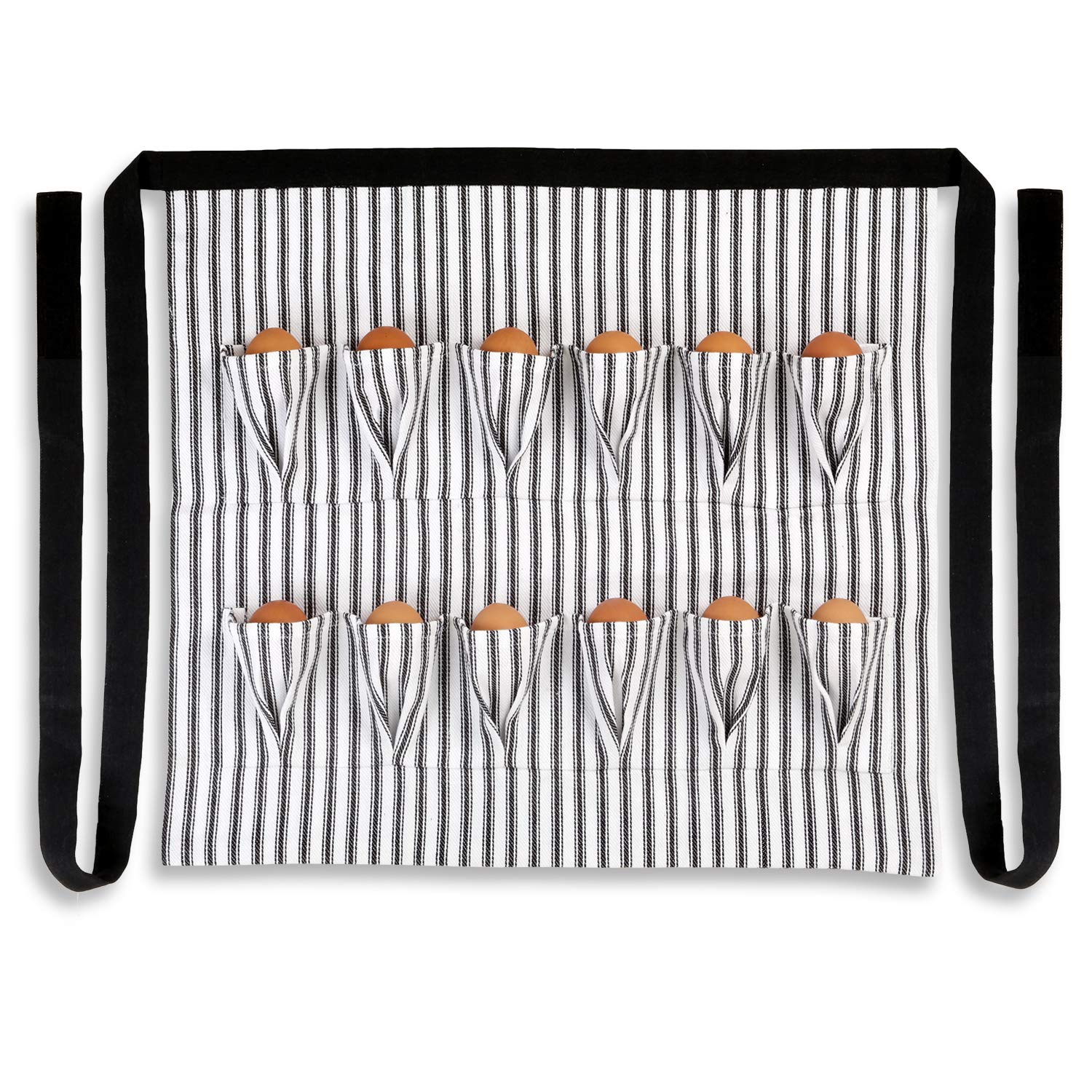 Cackleberry Home Egg Collecting Apron with 12 Pockets - Black & White Ticking Stripe - Farm Fresh Egg Gathering Accessory for Chicken Coop & Garden Use