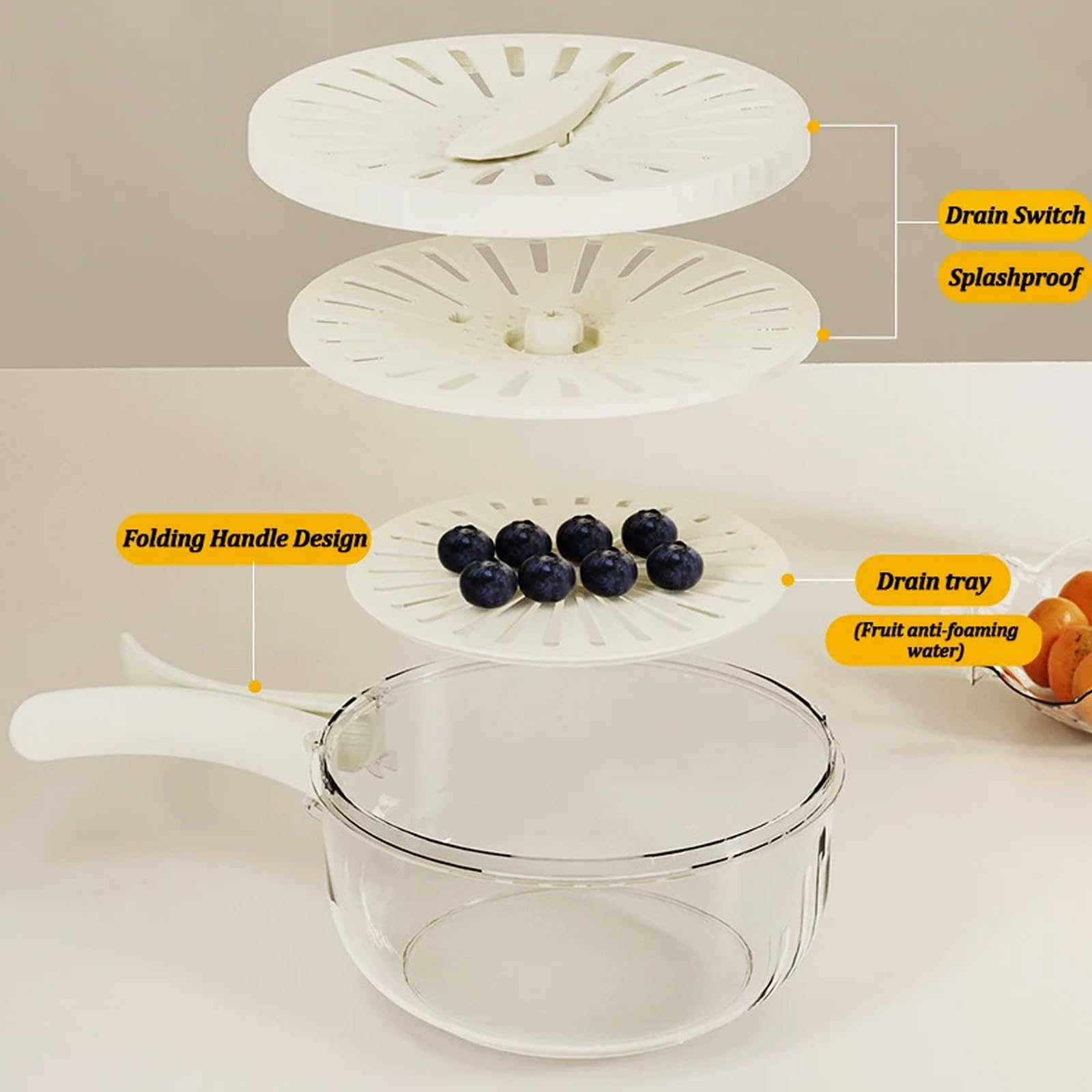 Premium Fruit Strainer Container with Lid - Multifunctional Plastic Kitchen Drain Basket for Washing Vegetables & Fruits - Foldable Handle, 2-in-1 Draining & Storage Basket (Orange) - Perfect for Salad Prep, Berry Cleaning & Kitchen Organization