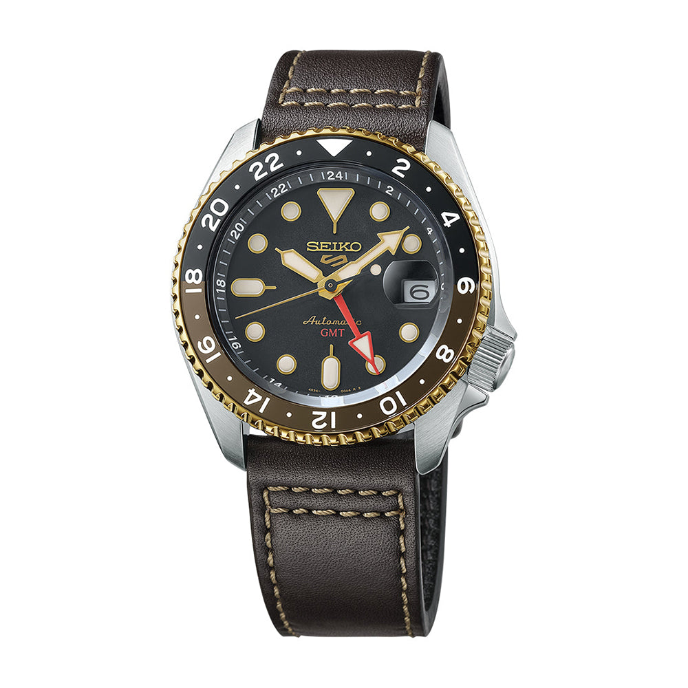 SSK036 5 Sports SKX GMT 42.5mm Men's Automatic Watch - Black Dial with Genuine Leather Strap - Diver Style for Swimming, Diving & Outdoor Adventures