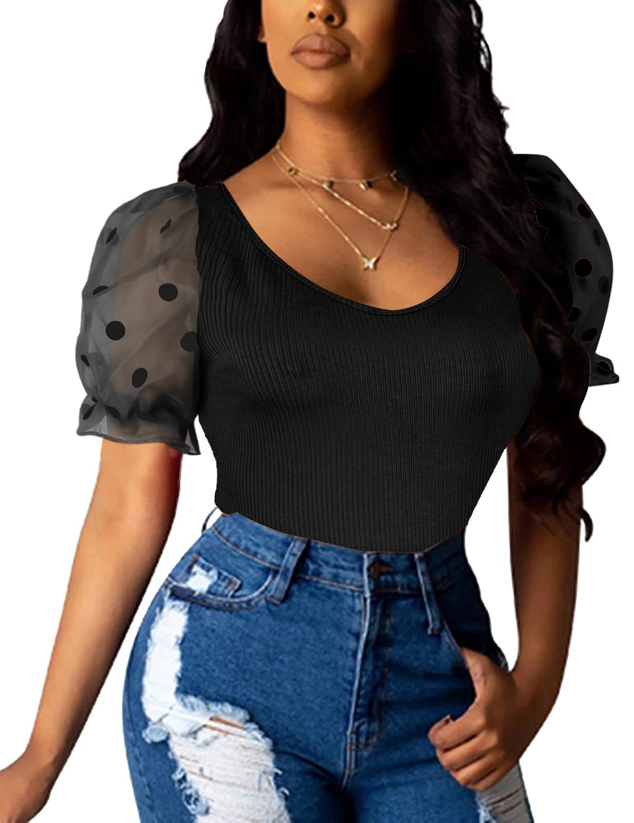 Bluewolfsea Women's Summer Elegant Polka Dot Mesh Sleeve Blouse - Cute Puff Short Sleeve T-Shirt Top for Casual Outings & Beach Vacations