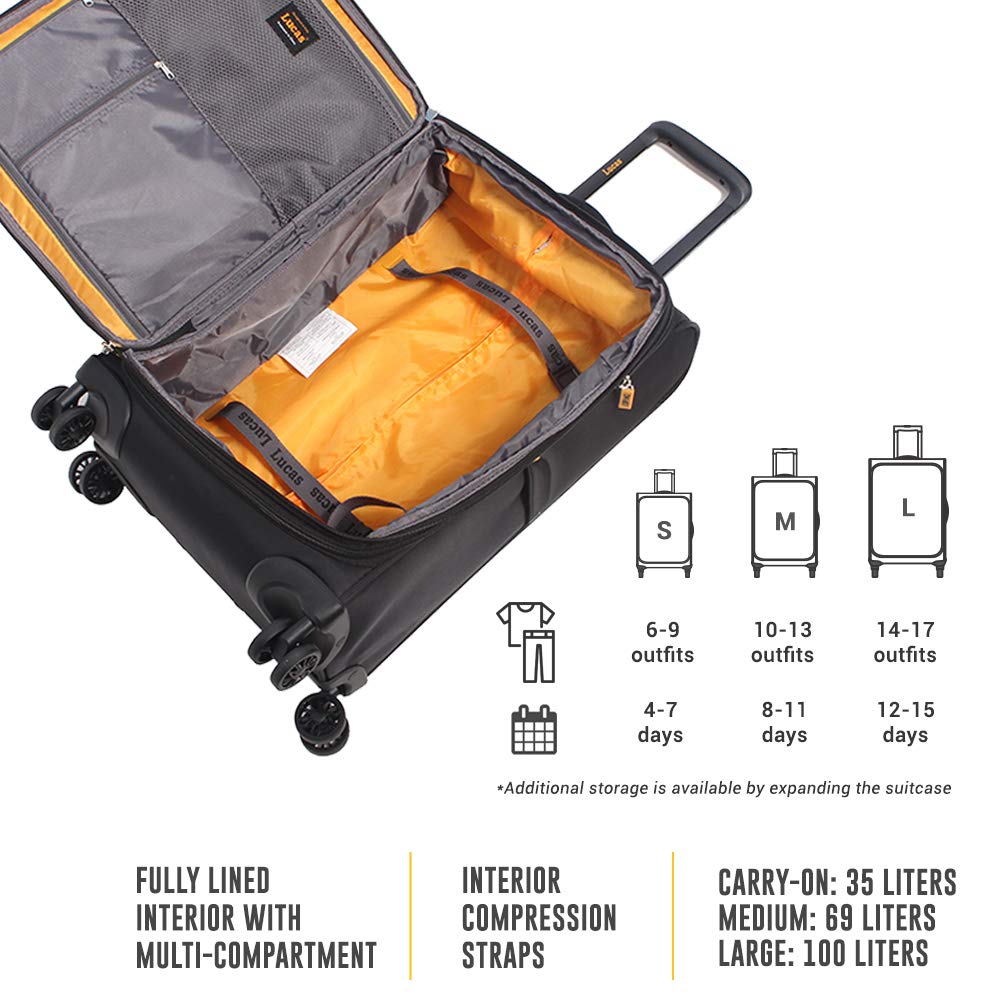 Ultra Lightweight 20 Inch Expandable Carry On Luggage - Softside Spinner Suitcase with 8 Durable Wheels - Fits Most Airline Overhead Compartments - Perfect for Business Travel & Weekend Getaways (Black)