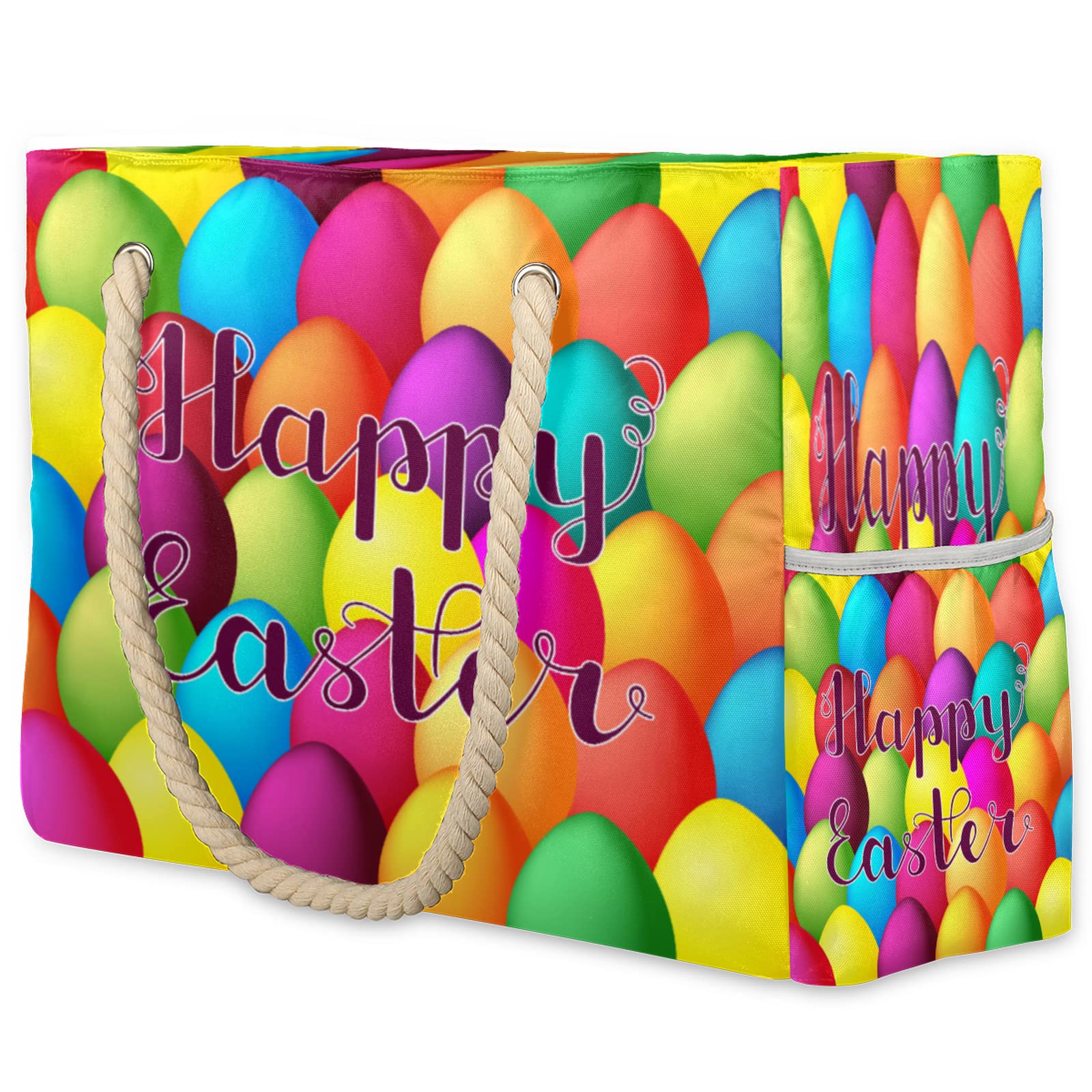 Large Waterproof Beach Tote Bag with Top Zipper - Colorful Easter Egg Design, Sandproof Pool Bag, Spacious Shoulder Tote for Women - Perfect for Travel, Gym, Beach Days & Summer Vacations