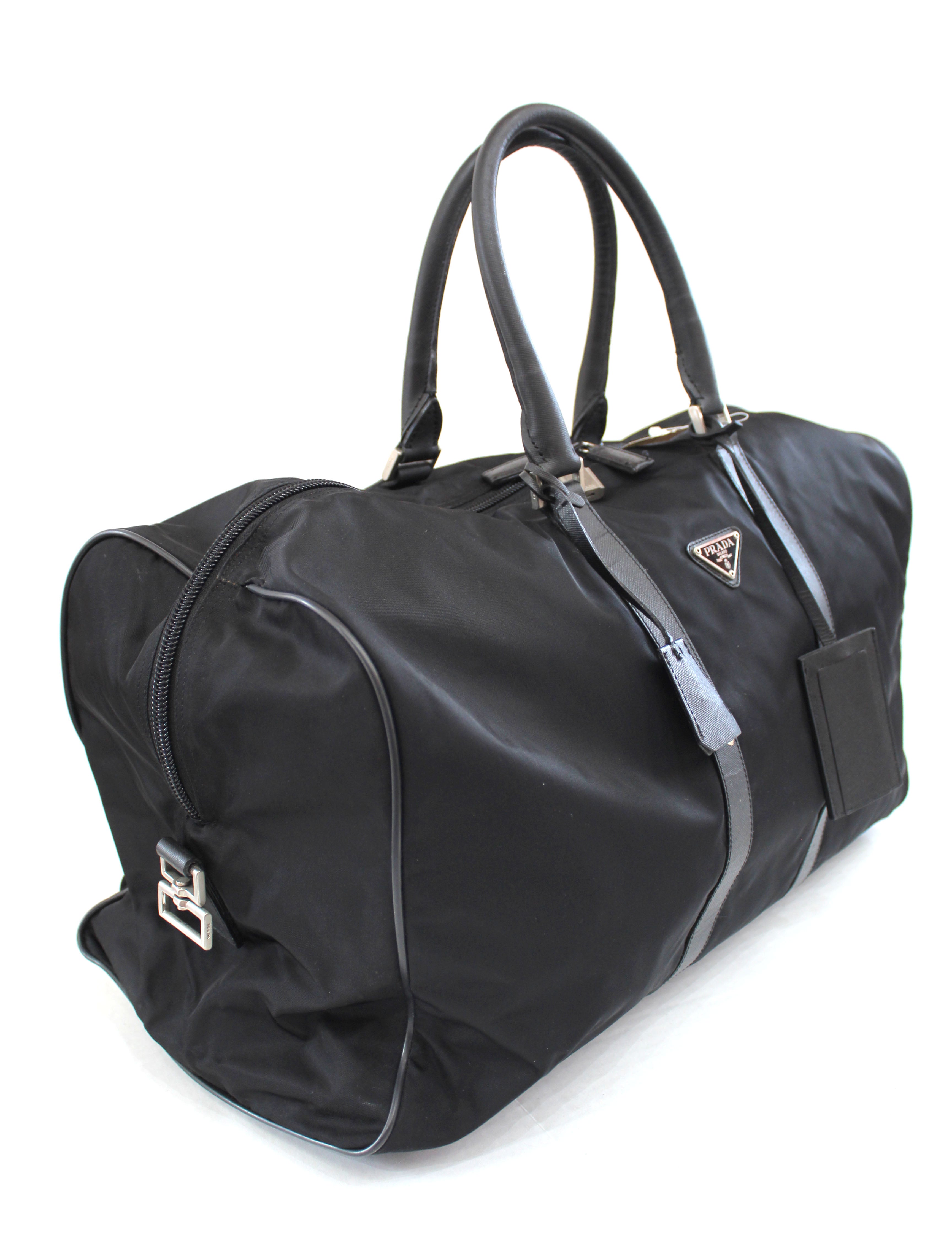 Authentic Prada Black Nylon & Saffiano Leather Duffle Bag - Luxury Travel Carry On Luggage for Business Trips & Weekend Getaways