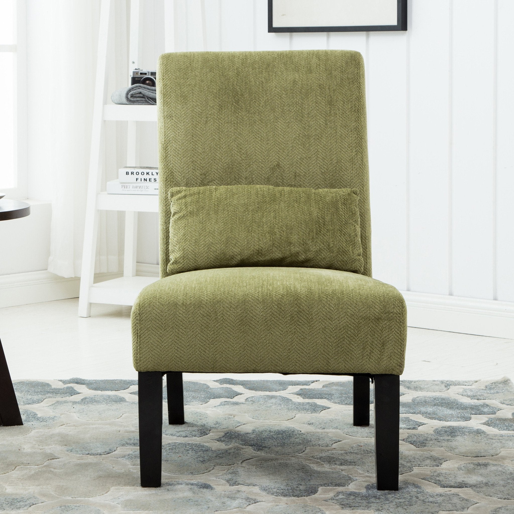Roundhill Furniture Pisano Chenille Fabric Armless Contemporary Accent Chair with Matching Kidney Pillow in Spring Green - Modern Living Room, Bedroom or Office Seating for Home Decor