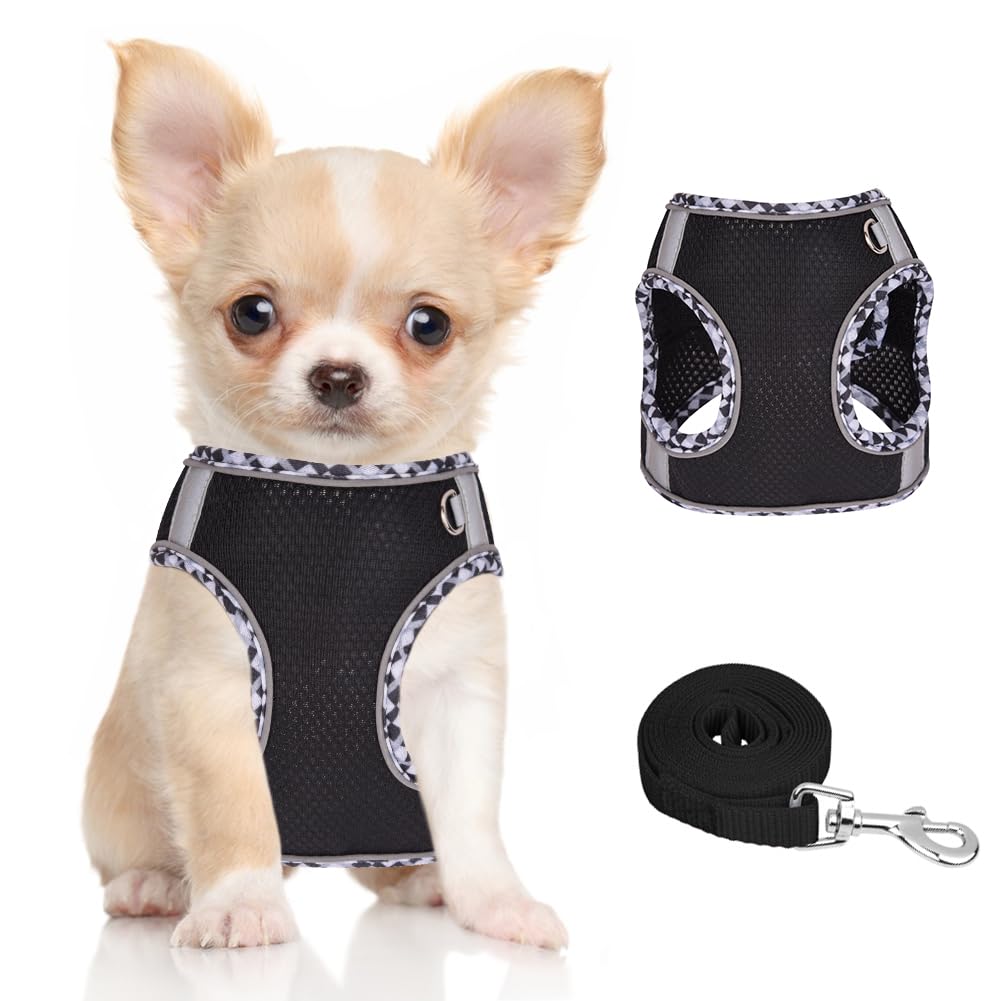 No Pull Adjustable Dog Harness & Leash Set for Small Medium Dogs - Breathable Mesh Reflective Puppy Harness with Soft Padded Vest, Easy Step-in Design (Black, Size M) - Perfect for Walking, Training & Outdoor Adventures