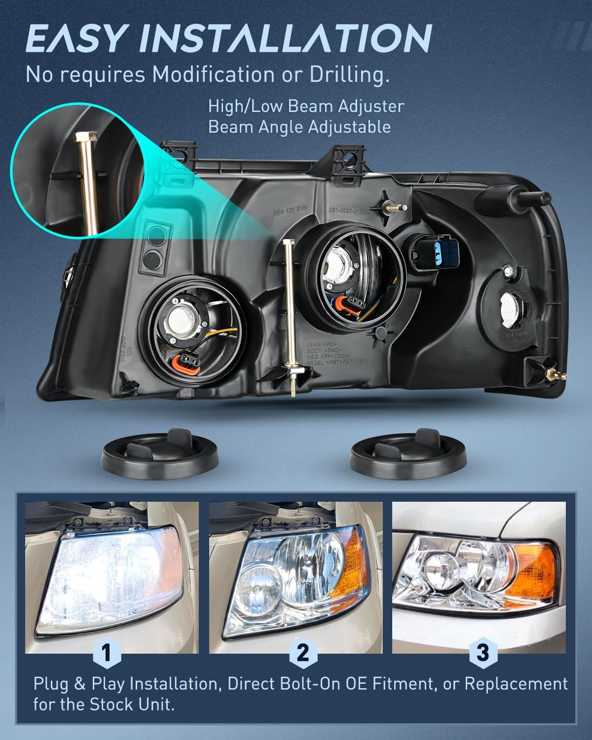 2003-2006 Ford Expedition Headlight Assembly - Chrome Housing, Amber Reflector & Clear Lens Replacement - Compatible with 4x4, Off-Road & Daily Driving