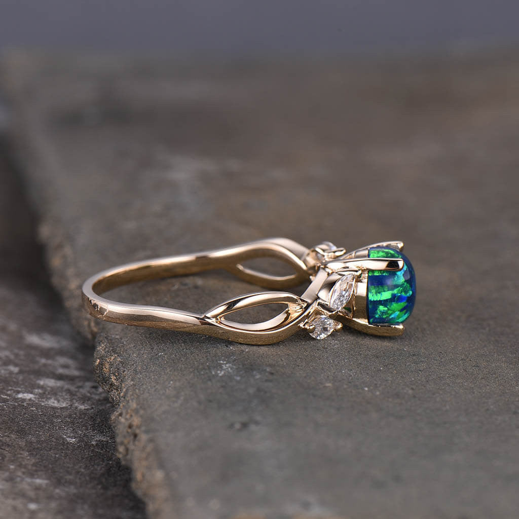 14K/18K Rose Gold Black Blue Opal Moissanite Engagement Ring - Art Deco Style for Wedding, Proposal & Anniversary Gifts