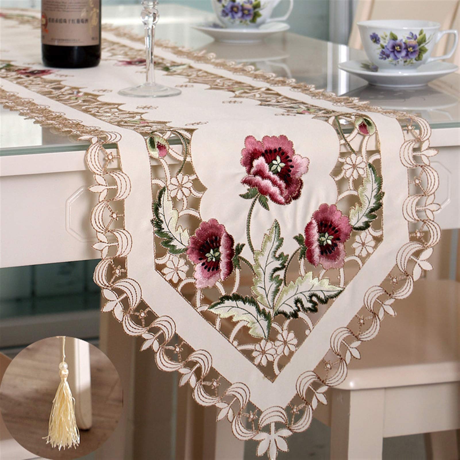 Elegant Embroidered Polyester Table Runner - Flag Shaped Design for Wedding, Bridal Shower, Party & Festival Decor (40x196cm, Pink) - Perfect for Coffee Tables, Dining Tables & Home Decor