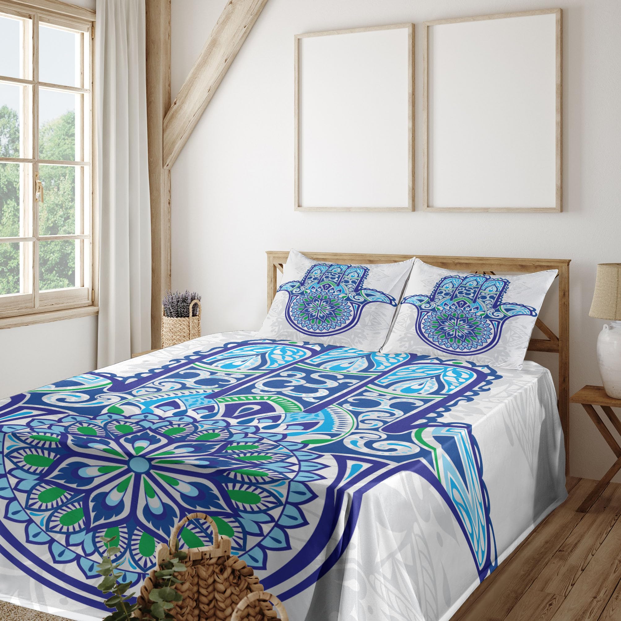 Ambesonne Hamsa King Size 4-Piece Sheet Set - Blue Turquoise White Folkloric Design with Ornamental Flower & Petal Patterns | Soft Bedding for Master Bedroom, Guest Room & Bohemian Home Decor