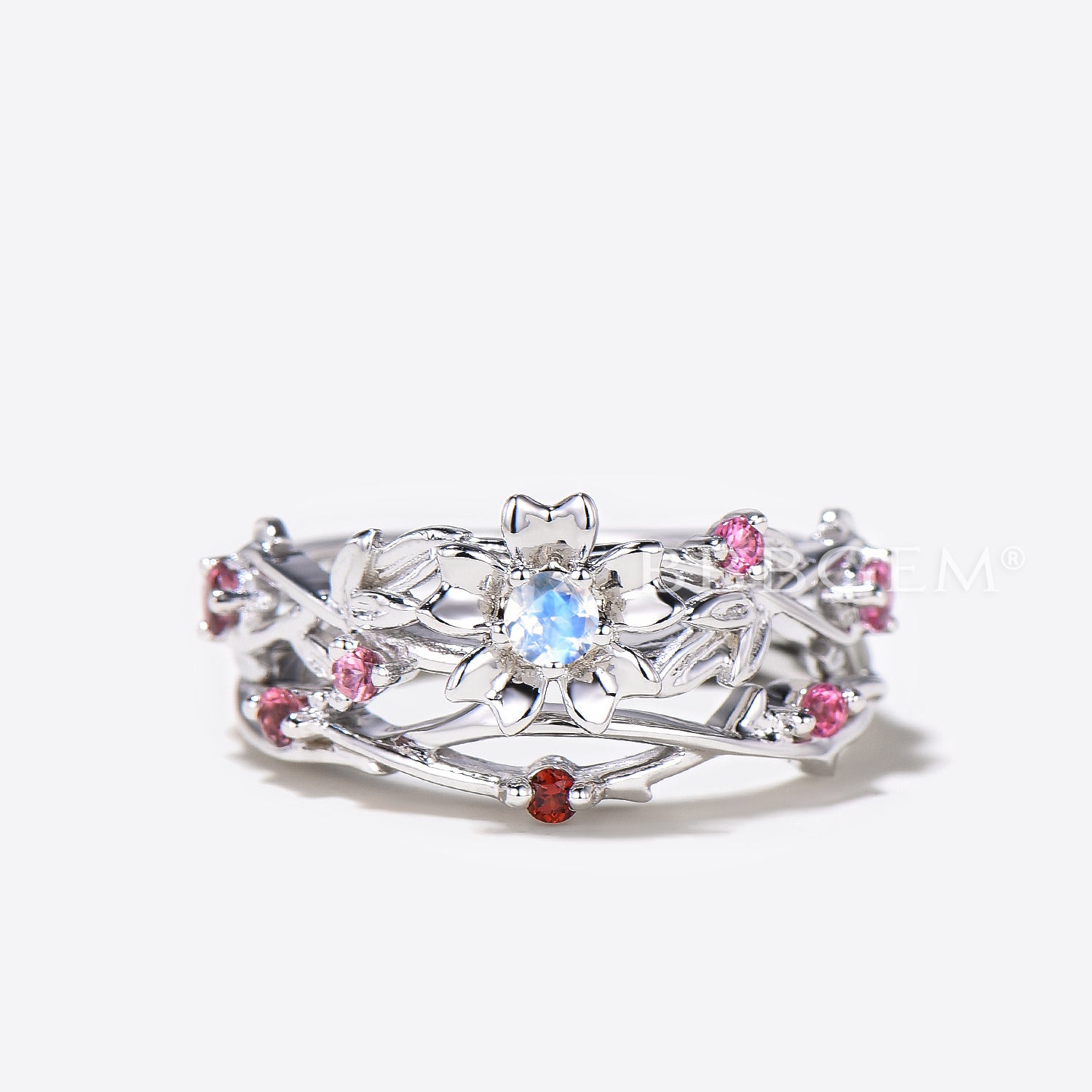 Twisted Round Moonstone Floral Engagement Ring - Nature Inspired Tourmaline Bridal Set for Wedding, Proposal & Anniversary Gifts | Handmade Sterling Silver Jewelry for Women