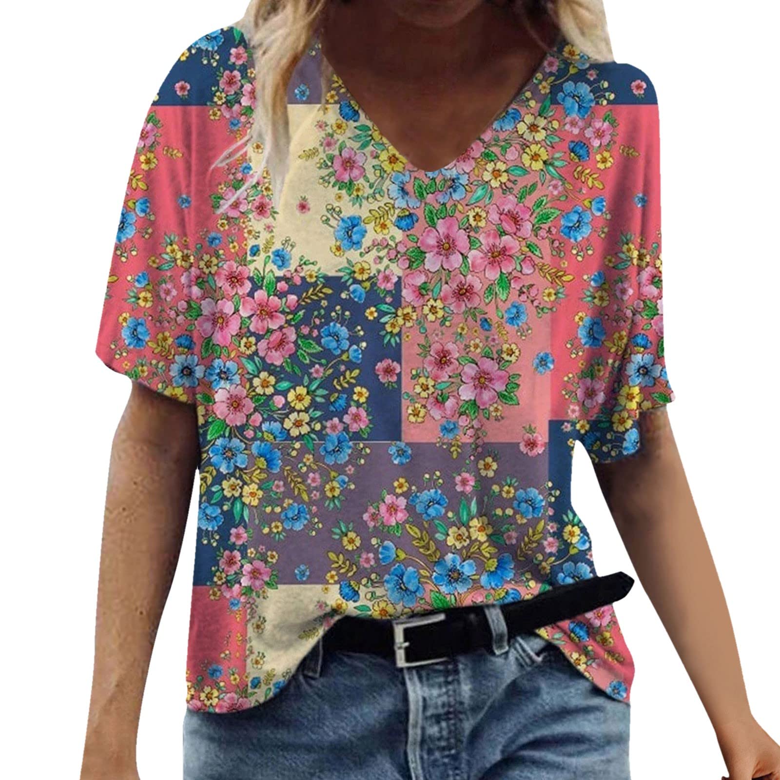 Women's Summer V-Neck Short Sleeve T-Shirt - Cute Printed Casual Blouse, Loose Fit Graphic Tee for Everyday Wear | Perfect for Beach, Shopping & Vacation Outfits