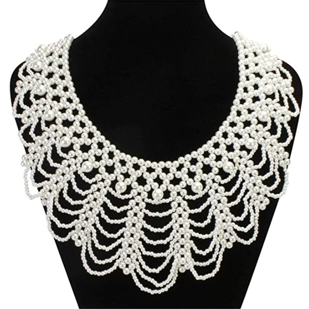 DXMRWJ Women's Fashion Imitation Pearl Beaded Bib Choker Necklace - Floral Petal Detachable False Collar for Dresses | Elegant Wedding, Prom, Party Accessories (Color A, One Size)