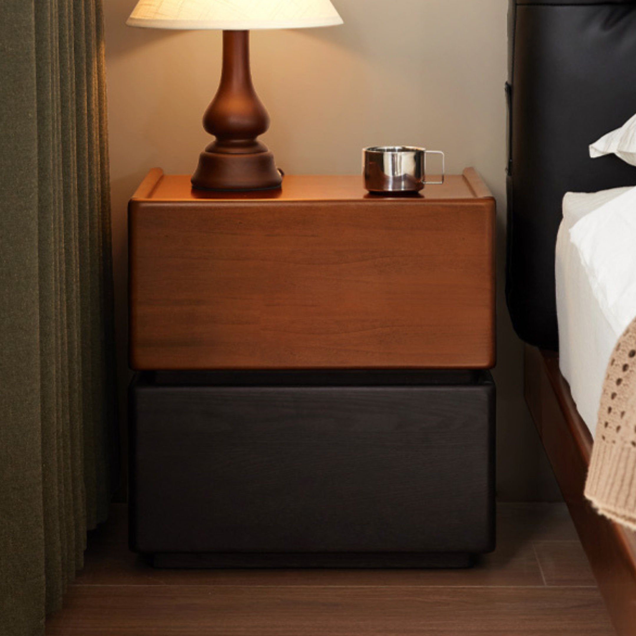 Solid Oak and Poplar Wood Nightstand - Sturdy Bedside Table for Bedroom, Living Room, or Office - Natural Wood Finish with Storage Shelf