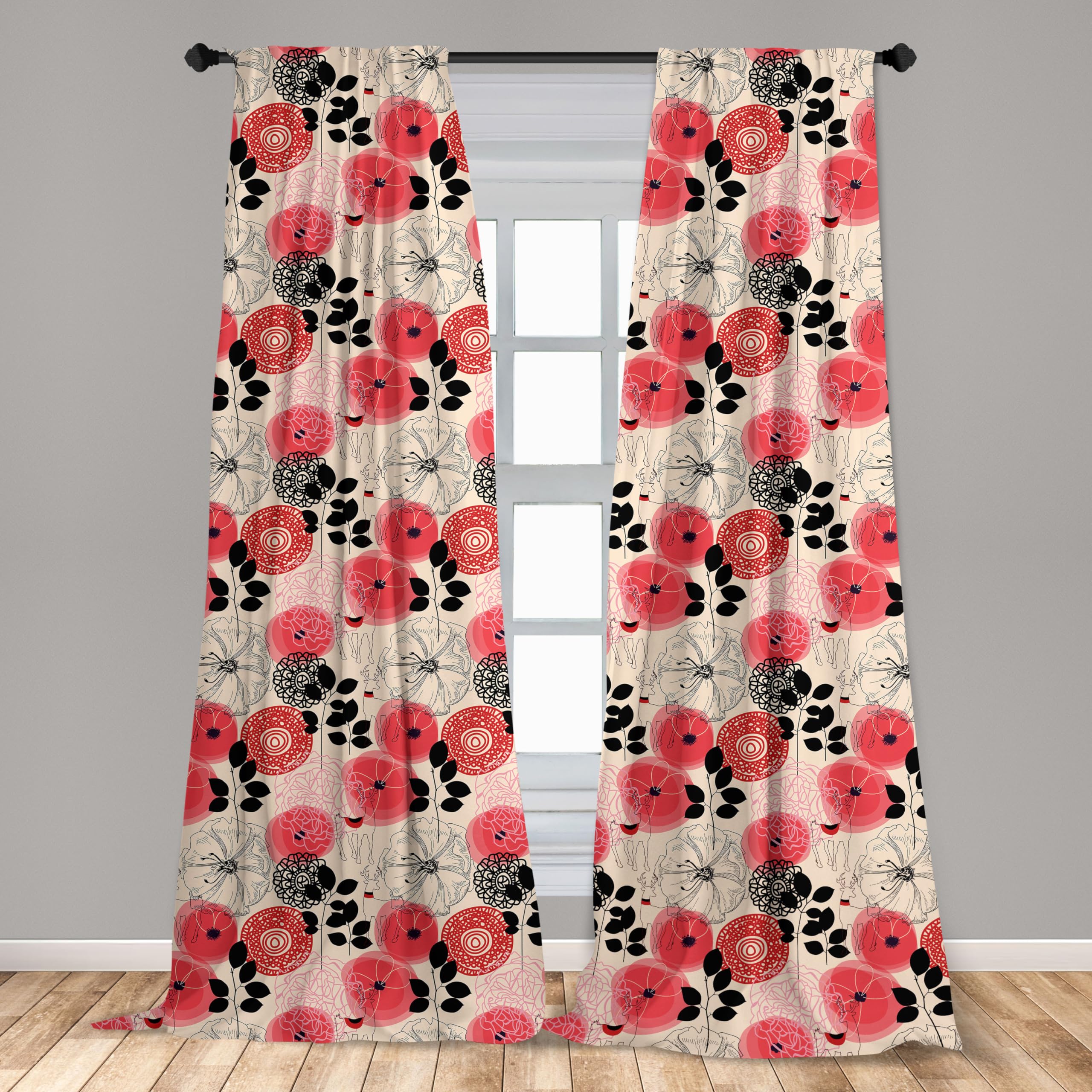 Ambesonne Floral Window Curtains - Modern Abstract Circle Flower Design with Leaves, Pink and Black Lightweight Decor (2 Panels, 28