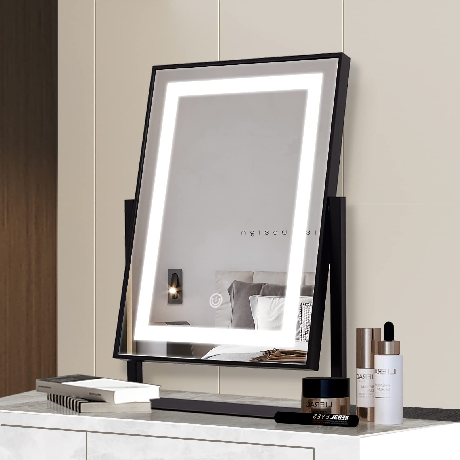 ANDY STAR Large LED Vanity Mirror with Lights - 14x19 Inch Black Stainless Steel Framed Makeup Mirror with 2 Color Lighting Modes, 360° Rotation & Smart Touch Control - Perfect for Dressing Table, Bathroom, and Professional Makeup Studio Use