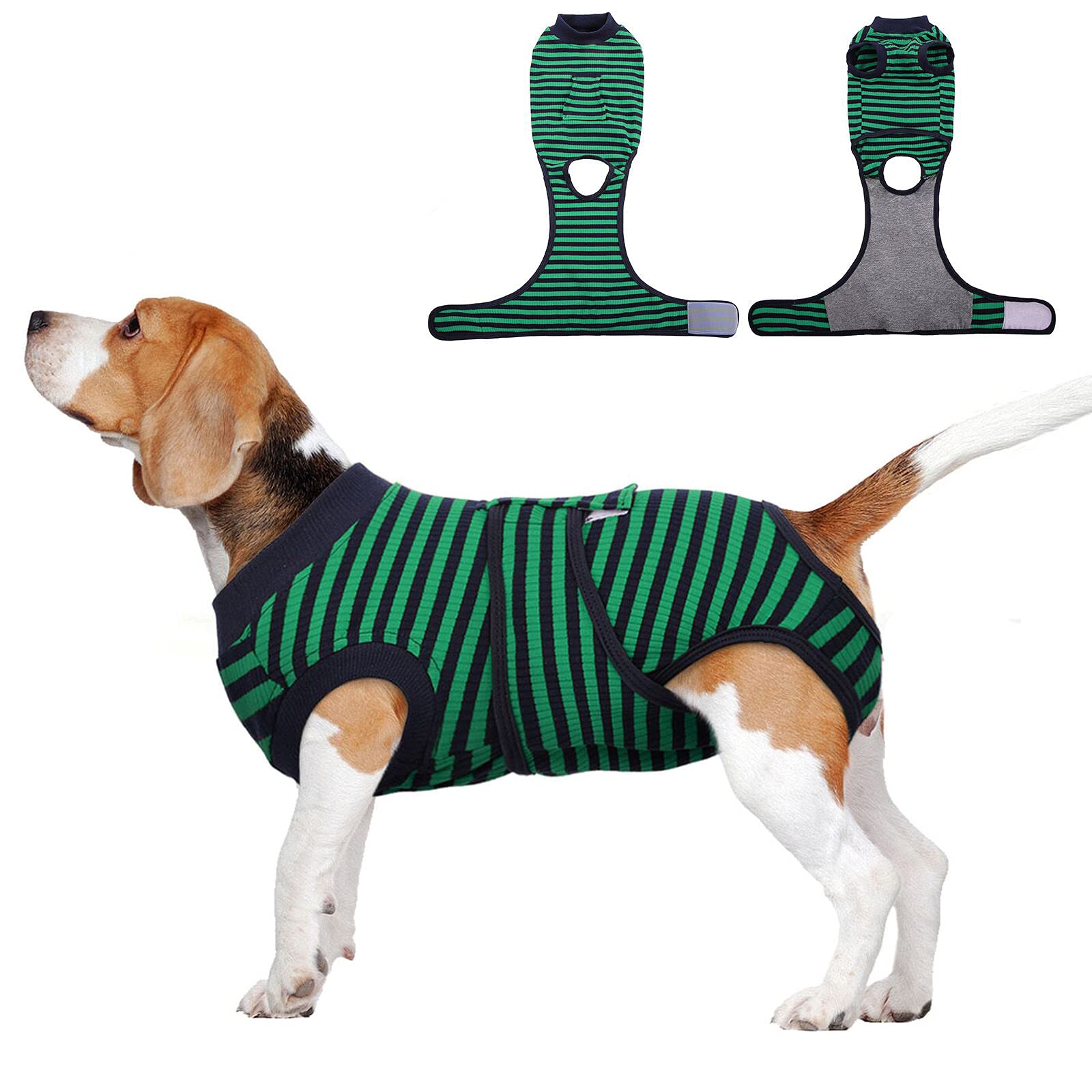 FUAMEY Post-Surgery Recovery Suit for Dogs - Soft, Breathable Dog Bodysuit Alternative to E-Collar & Cone - Male & Female Dog Neuter/Spay Suit - Anti-Licking Wound Protection Onesie - Green & Black Stripes - XXL - Ideal for Post-Operative Care, Wound Healing & Comfort
