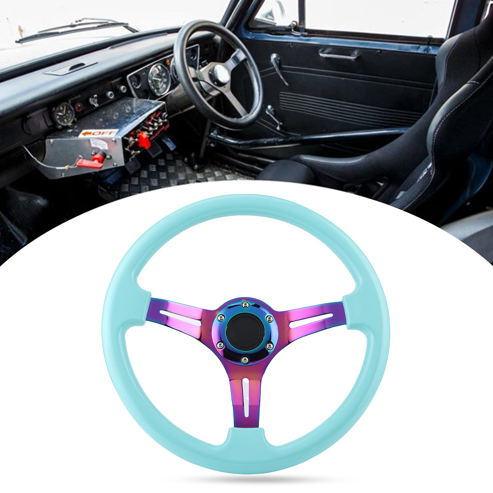 Qiilu 14 Inch Universal Racing Steering Wheel - 350mm Drift Wheel with 6 Bolt Pattern & Horn Button for Cars (Light Blue) | Perfect for Street Racing, Drifting & Car Upgrades
