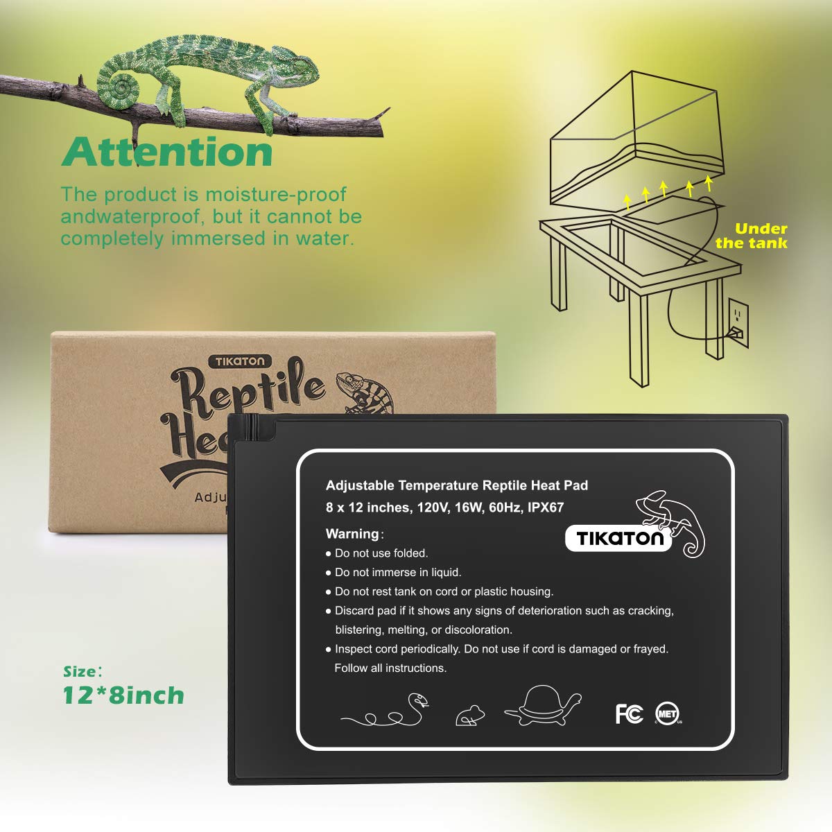 Tikaton Reptile Heat Pad - Adjustable Temperature Under Tank Heater for 10-20 Gallon & 30-40 Gallon Tanks | Terrarium Heat Mat for Turtles, Snakes, Lizards, Frogs, Spiders & Plant Boxes | Perfect for Reptile Habitats & Tropical Plant Growth