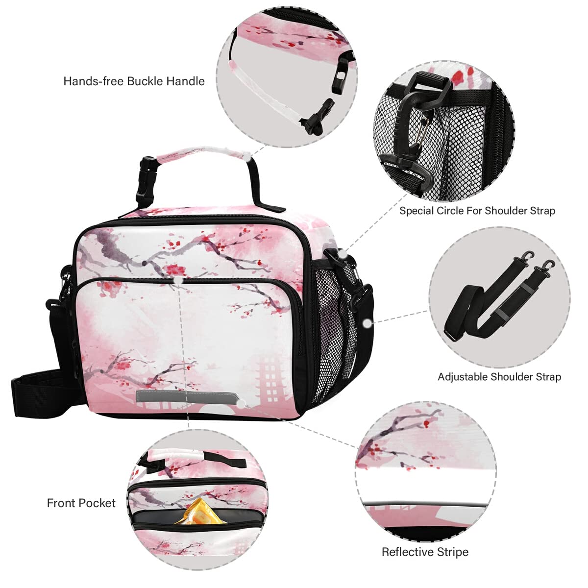 Nander Insulated Japanese Cherry Blossom Lunch Bag - Reusable Cooler Tote with Adjustable Shoulder Strap for School, Work & Picnic - Perfect for Women, Men & Kids (Bento Box Container, Office Lunch, Outdoor Activities)