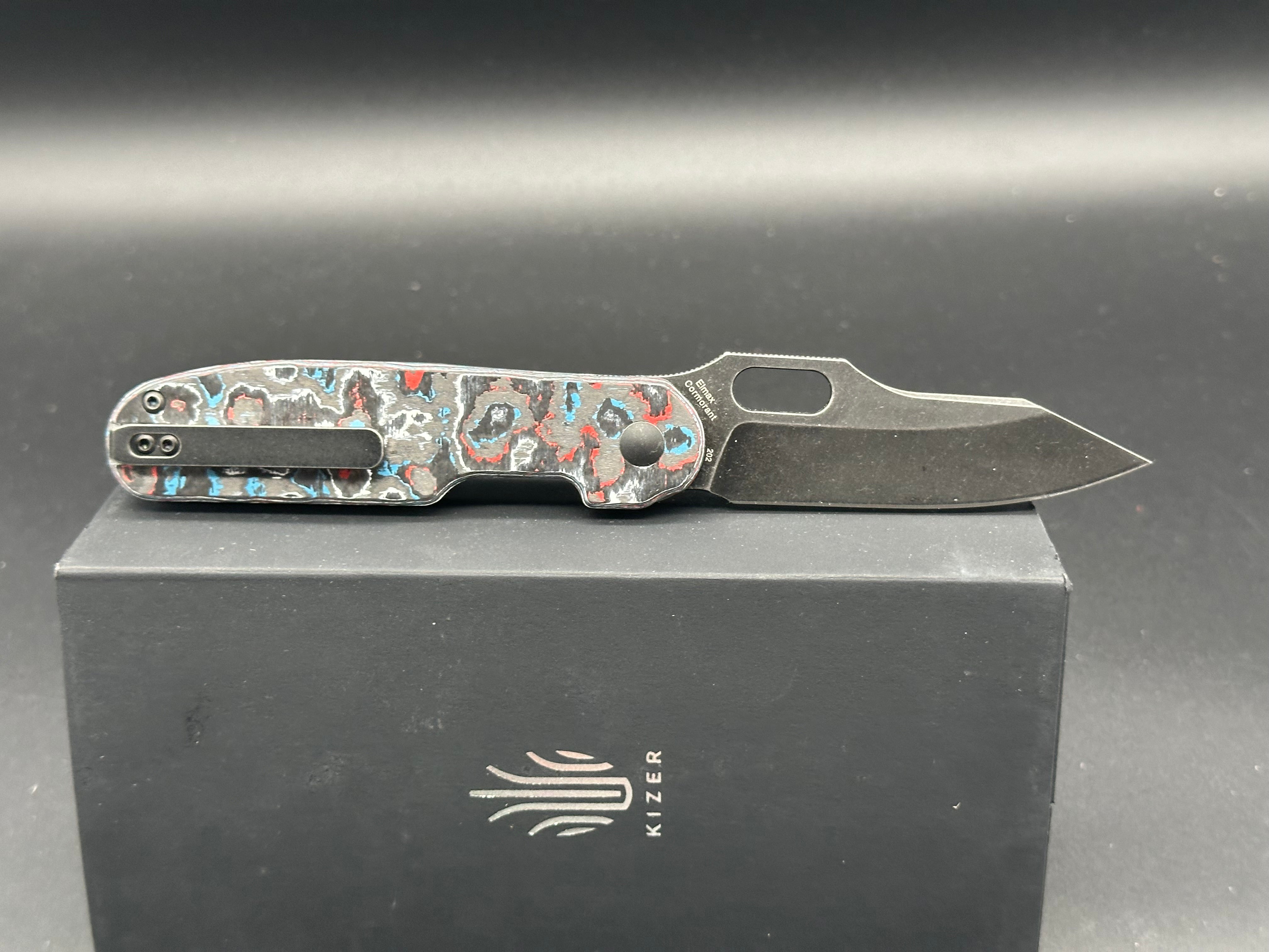 Kizer Cormorant Plunge Lock Folding Pocket Knife - Blue/Black FatCarbon Handle, 3.15