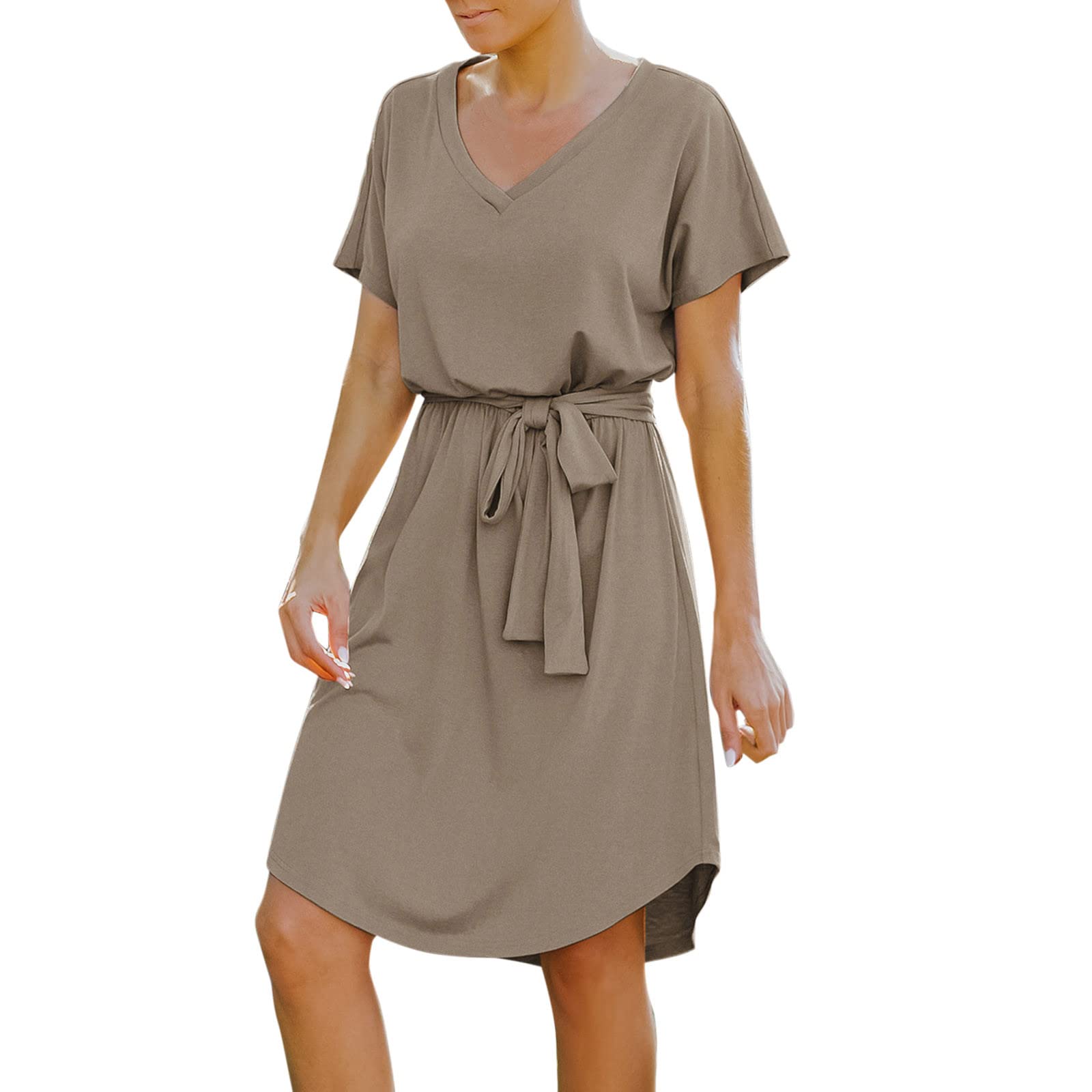 Women's Solid Color Casual Short Sleeve V-Neck High Waist Mini Dress - Summer Beach Wear, Party Outfit & Everyday Fashion (Black, Midi Length)
