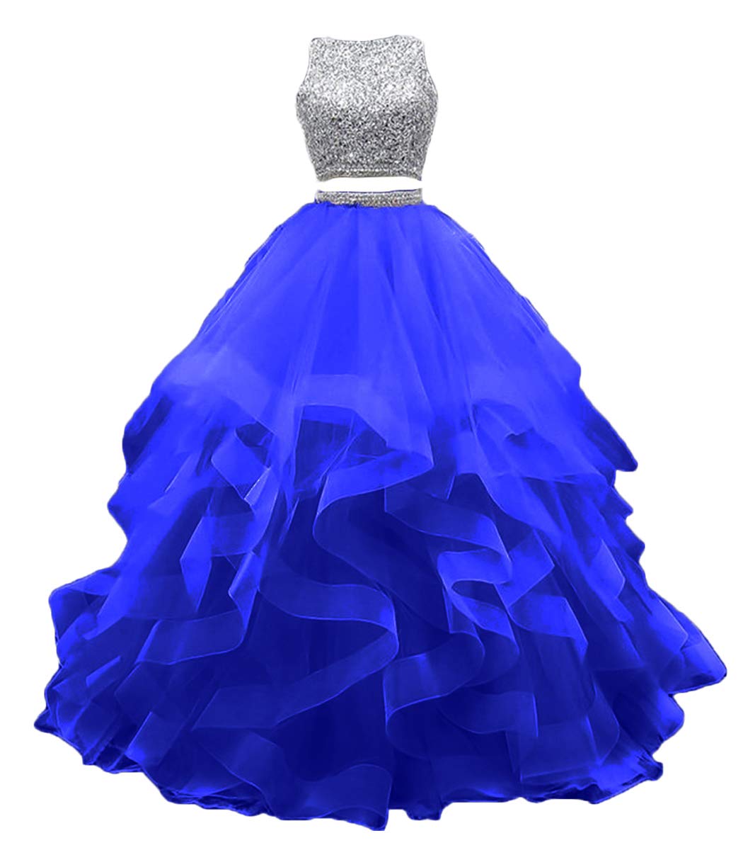 KaBuNi 2 Piece Prom Dress Long Beaded Quinceanera Gown - Elegant Layered Ruffle Tulle Sweet 16 Ball Gown for Homecoming, Wedding, and Formal Events