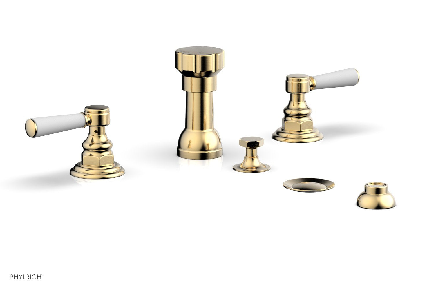 HEX TRADITIONAL Four Hole Bidet Faucet Set with Satin White Lever Handles - Model 500 61 - Perfect for Bathroom Renovation and Modern Toilet Upgrades
