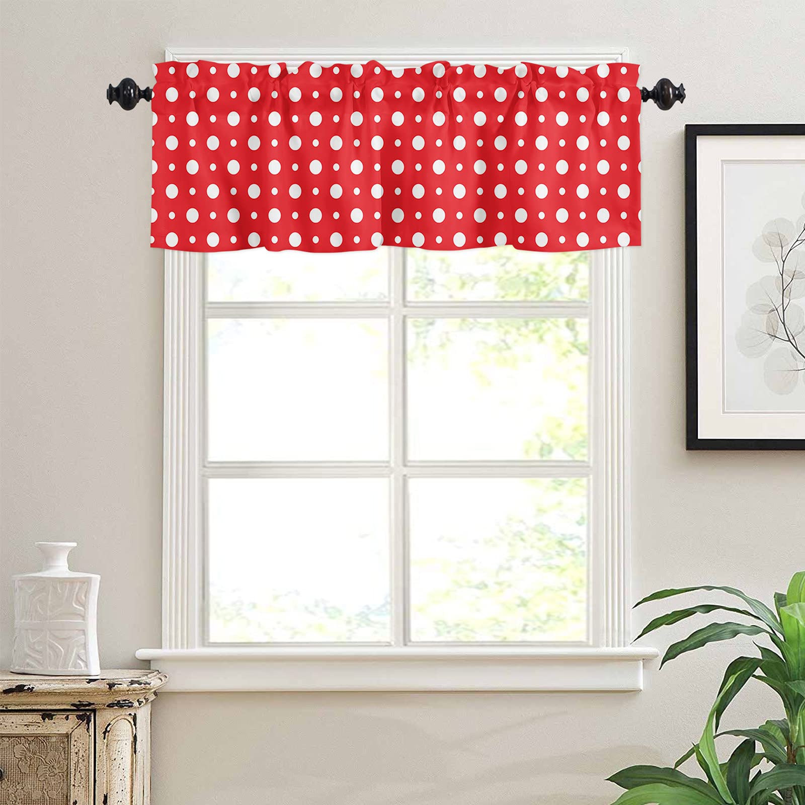 White Polka Dot Window Valance with Red Background - 54x18 Inch Tier Curtain with Rod Pocket for Kitchen & Living Room - Perfect for Farmhouse, Cottage & Modern Home Decor