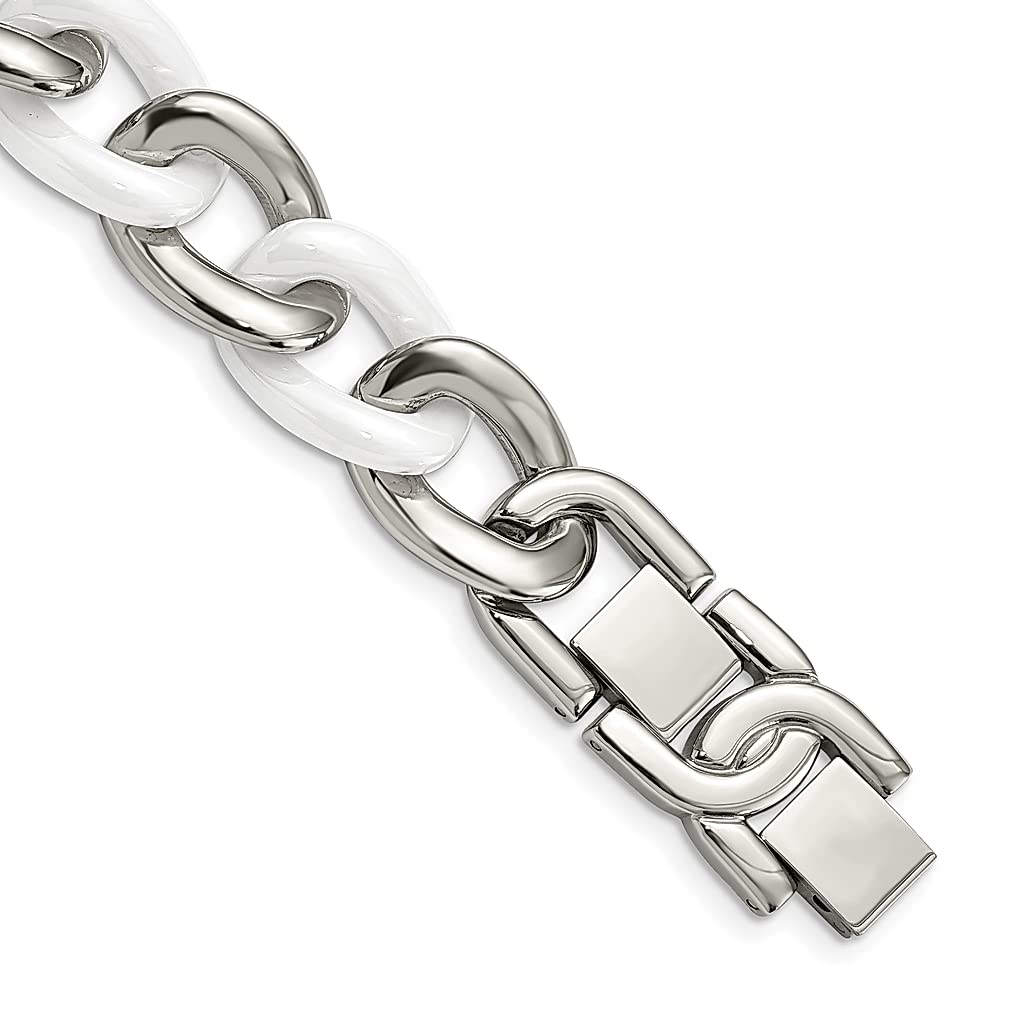 ICE CARATS 7.5 Inch Stainless Steel & White Ceramic Curb Link Bracelet for Women - Adjustable with 1 Extension - Modern Fashion Jewelry Gift for Her - Perfect for Everyday Wear, Office & Special Occasions