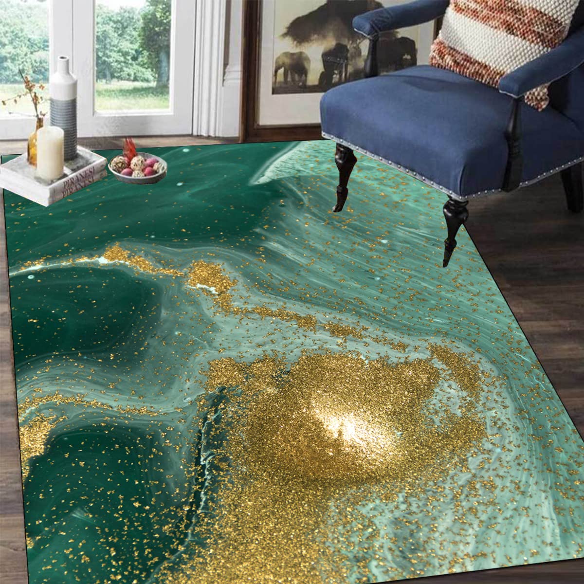 Modern Abstract Ocean Theme Green & Gold Liquid Design Area Rug 6x8 Feet - Thick Soft Washable Accent Carpet for Living Room, Bedroom, Dining Room, Kitchen, Laundry Room - Perfect for Farmhouse, Coastal & Boho Home Decor