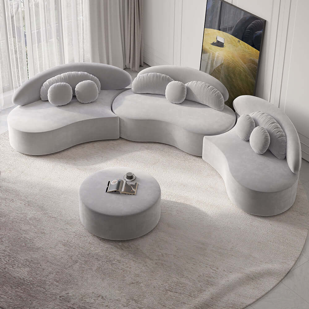 Modern 7-Seat Round Sectional Sofa with Ottoman & Pillows - Beige Velvet Upholstered Living Room Furniture for Family Gatherings and Home Entertainment