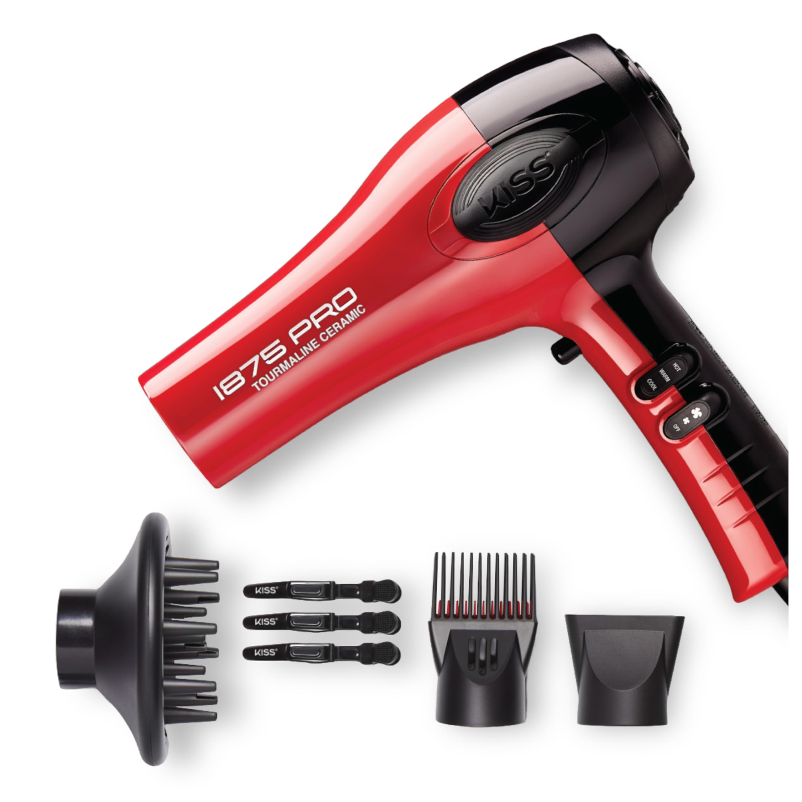 KISS 1875 Watt Professional Tourmaline Ceramic Hair Dryer with 3 Heat & 2 Speed Settings - Includes Cool Shot Button, 2 Detangler Combs, Concentrator, Diffuser, Removable Filter & 4 Sectioning Clips - Perfect for Salon Styling & Home Hair Care