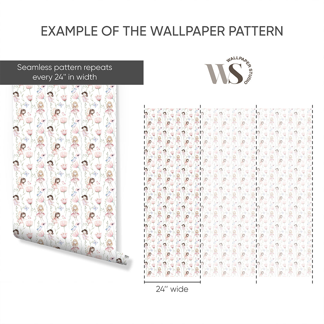Pink Flower Fairy Wallpaper S083 - Floral Fantasy Peel and Stick Wallpaper for Girls Room, Nursery, Bedroom Decor - Easy to Install & Removable