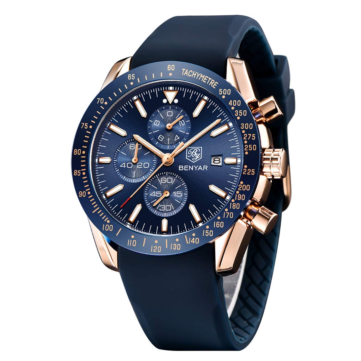 BENAYR Men's Casual Chronograph Analog Quartz Watch - Waterproof Sports Wristwatch with Rubber Strap for Business & Outdoor Activities | Perfect for Office, Gym, Swimming & Daily Wear