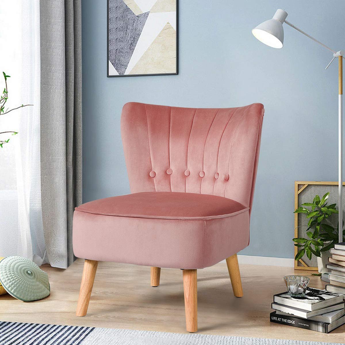 Giantex Modern Velvet Accent Chair - Pink Small Upholstered Armless Wingback Sofa with Wood Legs, Thick Padded Button Tufted Design for Living Room, Bedroom, Office or Reading Nook | Comfortable Lounge Chair for Relaxing & Home Decor